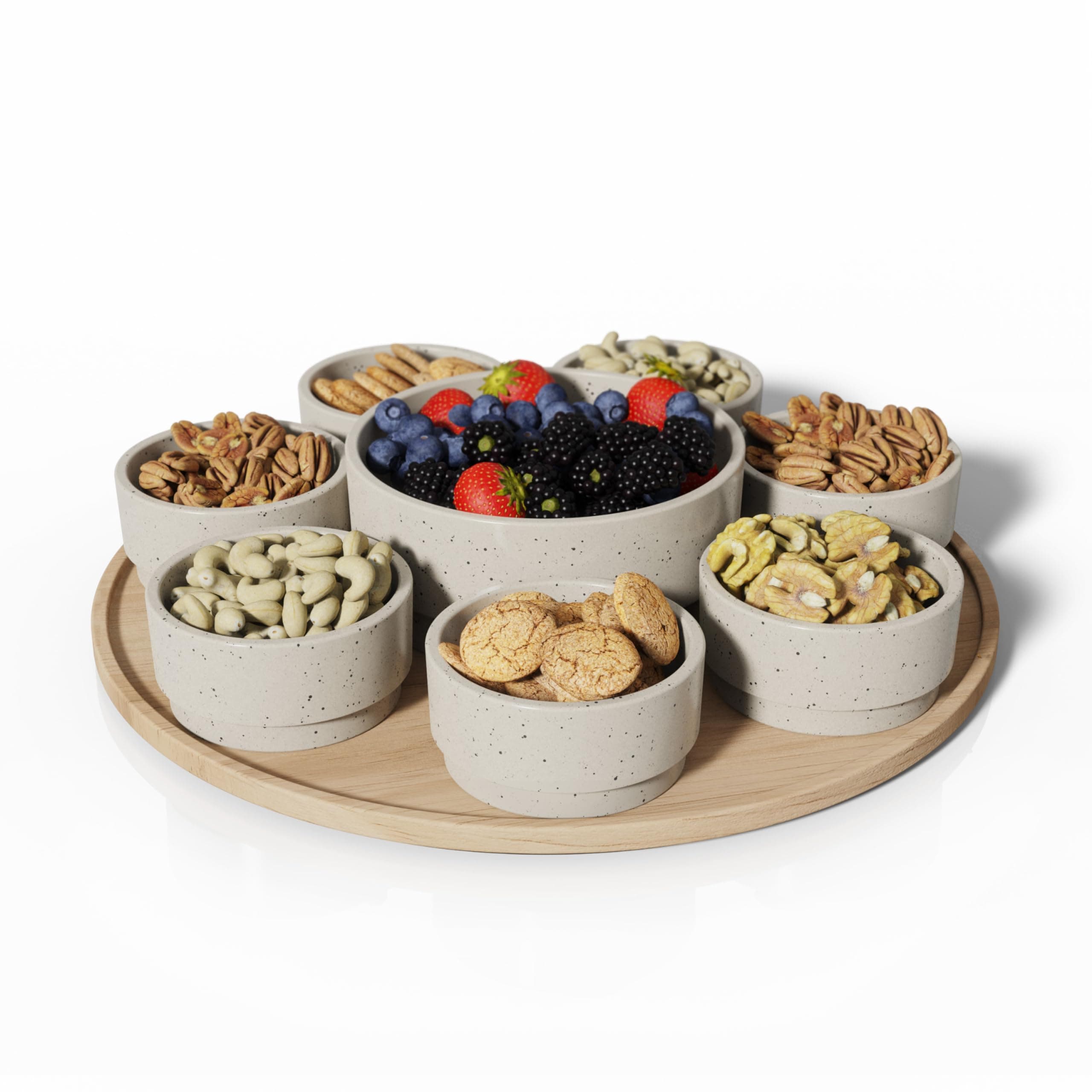 Condiment Dip Serving Tray - Snack Platter Round - Ceramic Serving Tray - Chip & Dip Sets with 7 Stackable 3oz Bowls and 1x14 oz Bowl - Dishwasher, Microwave and Oven Safe (Warm Grey)