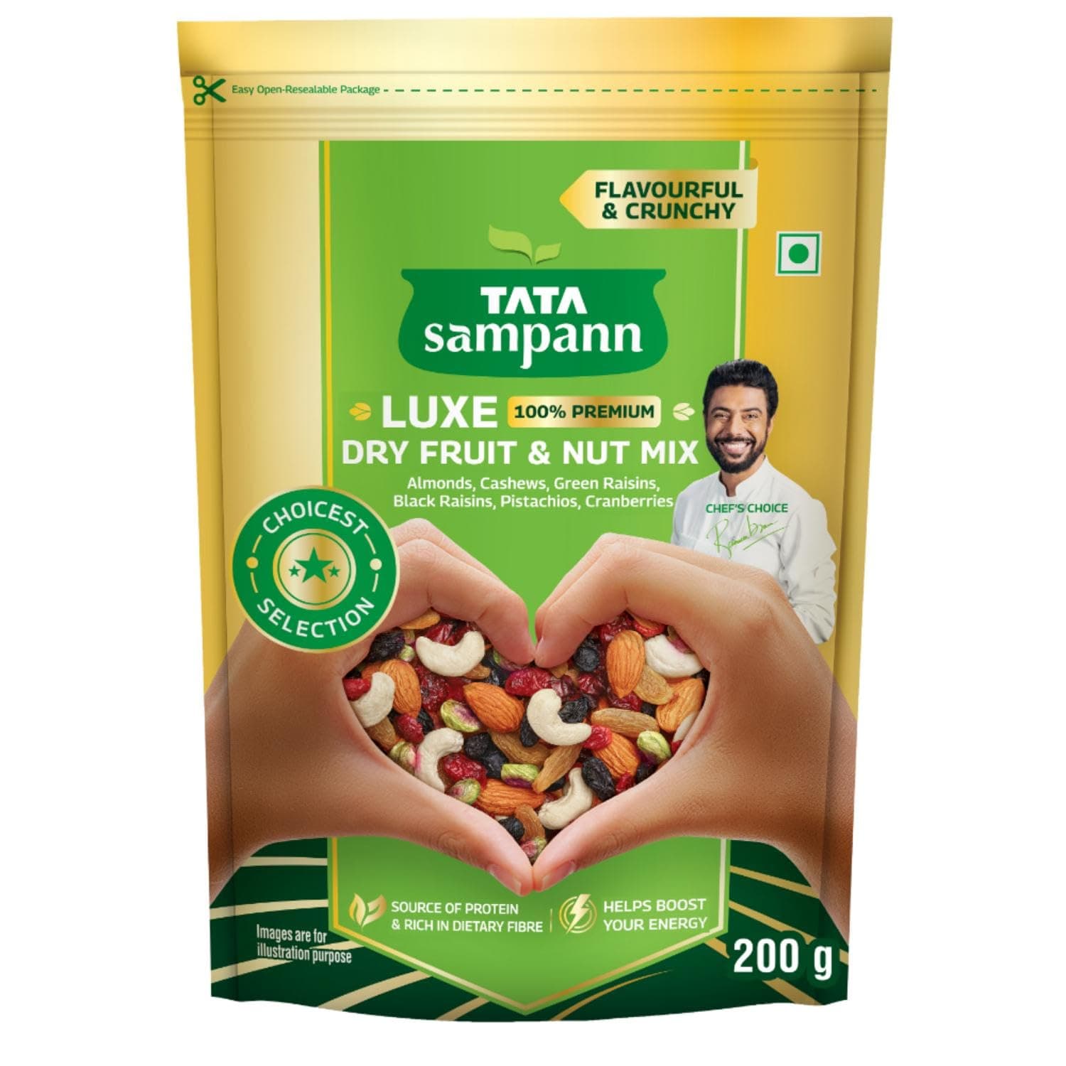 Tata Sampann Luxe Dry Fruit & Nut Mix, 200g, Source of Protein, Magnesium & Phosphorus, Rich in Dietary Fiber, Flavourful & Crunchy Snack, Almonds, Cashews, Green Raisins, Black Raisins, Pistachios, & Cranberries