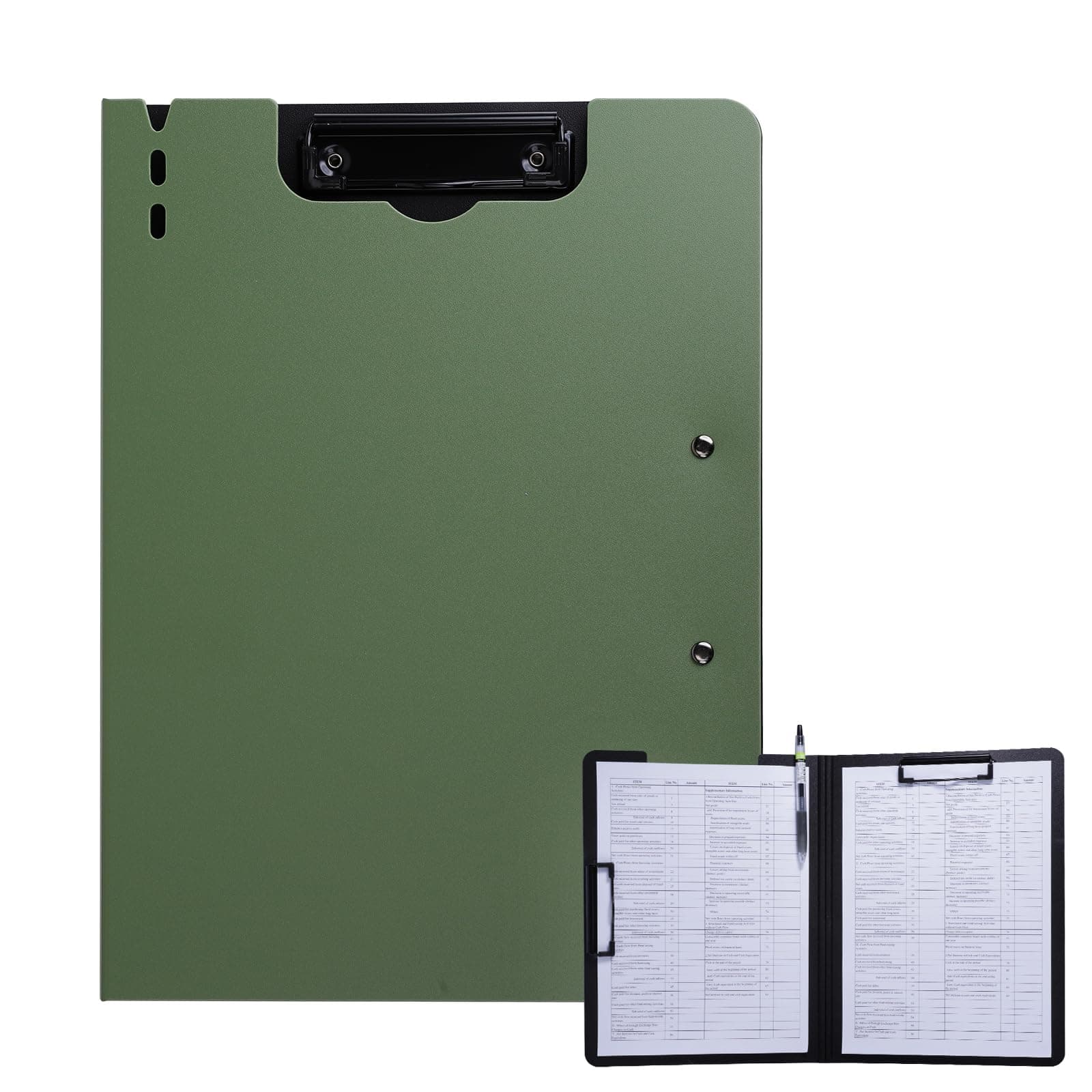 FRETONBA Clipboard Folder, A4 Foldable Clipboard with Horizontal and Vertical Double Metal Clips, 360 Degree Foldable Binder Clipboards with Pen Holder, File Cover Work Folder Clipboards, Green