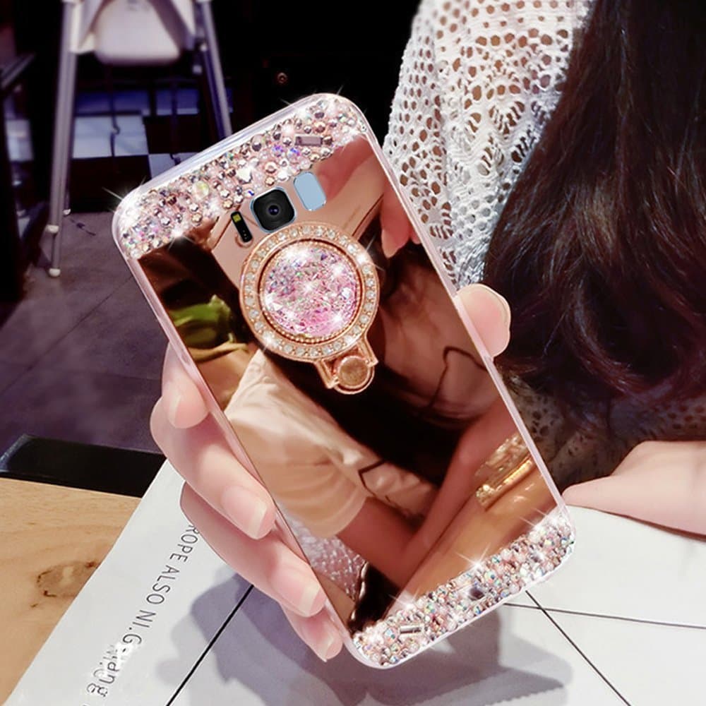 for Samsung Galaxy S8 Plus Case Silicone Mirror,Areall [Ring Stand Holder] Glitter Luxury Crystal Rhinestone Soft Slim Flexible Rubber Shockproof Makeup Back Cover Bumper for Samsung S8 Plus-Rose Gold