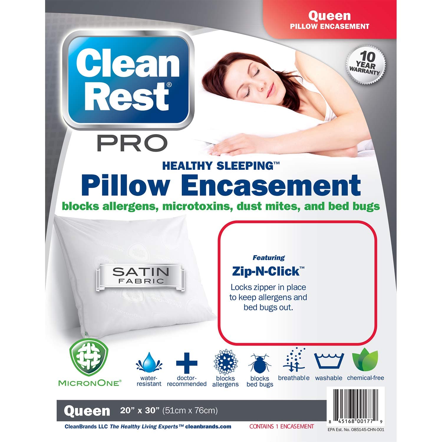 CleanRest PRO, Queen, Zippered Pillow Protector - Lab Tested Bed Bug Proof, Hypoallergenic, Noiseless - Patented Zipper Security - 10 Year Warranty