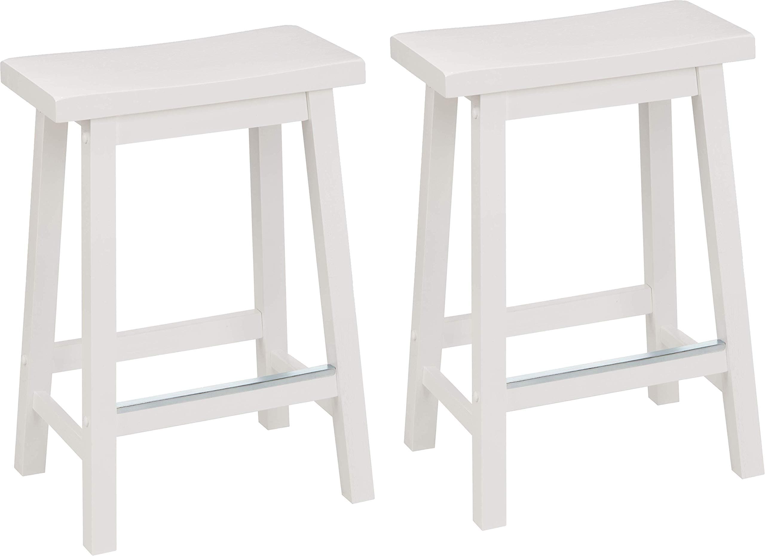 Solid Wood Saddle-Seat Counter Height Bar Stools for Kitchen Island with Footrest, Sturdy Construction, 24-Inch Height, White, Set of 2