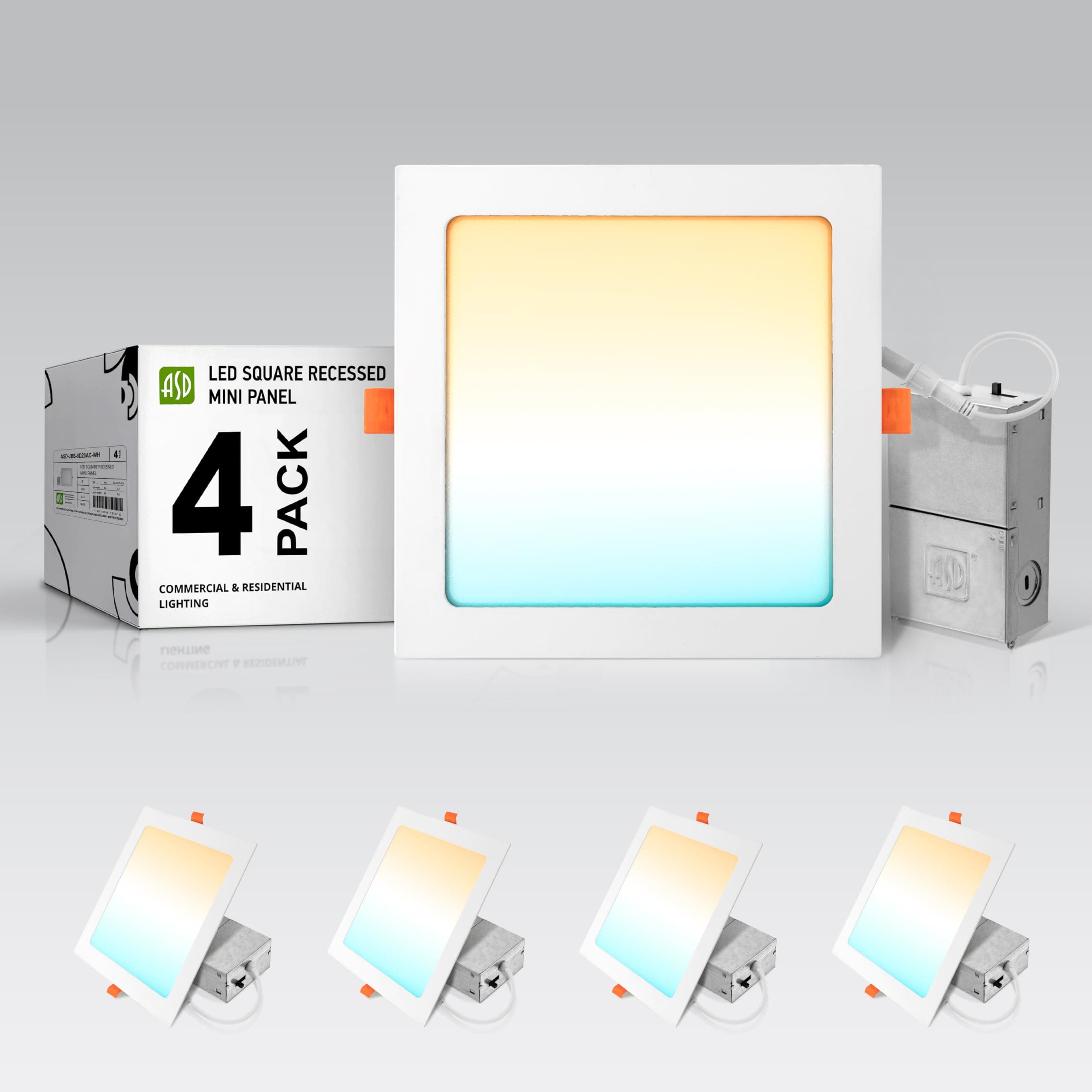 ASD 8 Inch Ultra Thin LED Square Recessed Lighting, 5 CCT 2700K-5000K Selectable, 20W 70W Eqv, Dimmable Canless LED Ceiling Square Downlight with J-Box, 1743Lm High Brightness - UL Energy Star 4 Pack