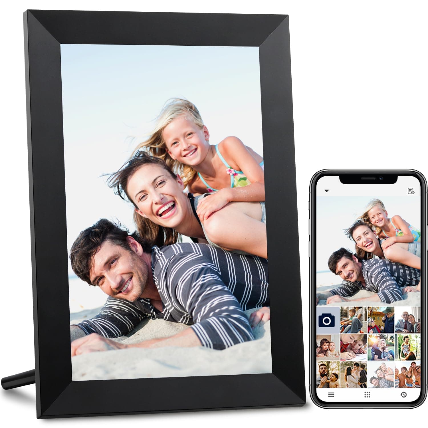 AEEZO 10.1 Inch WiFi Digital Picture Frame, IPS Touch Screen Smart Cloud Photo Frame with 32GB Storage, Easy Setup to Share Photos or Videos via AiMOR APP, Auto-Rotate, Wall Mountable (Black)