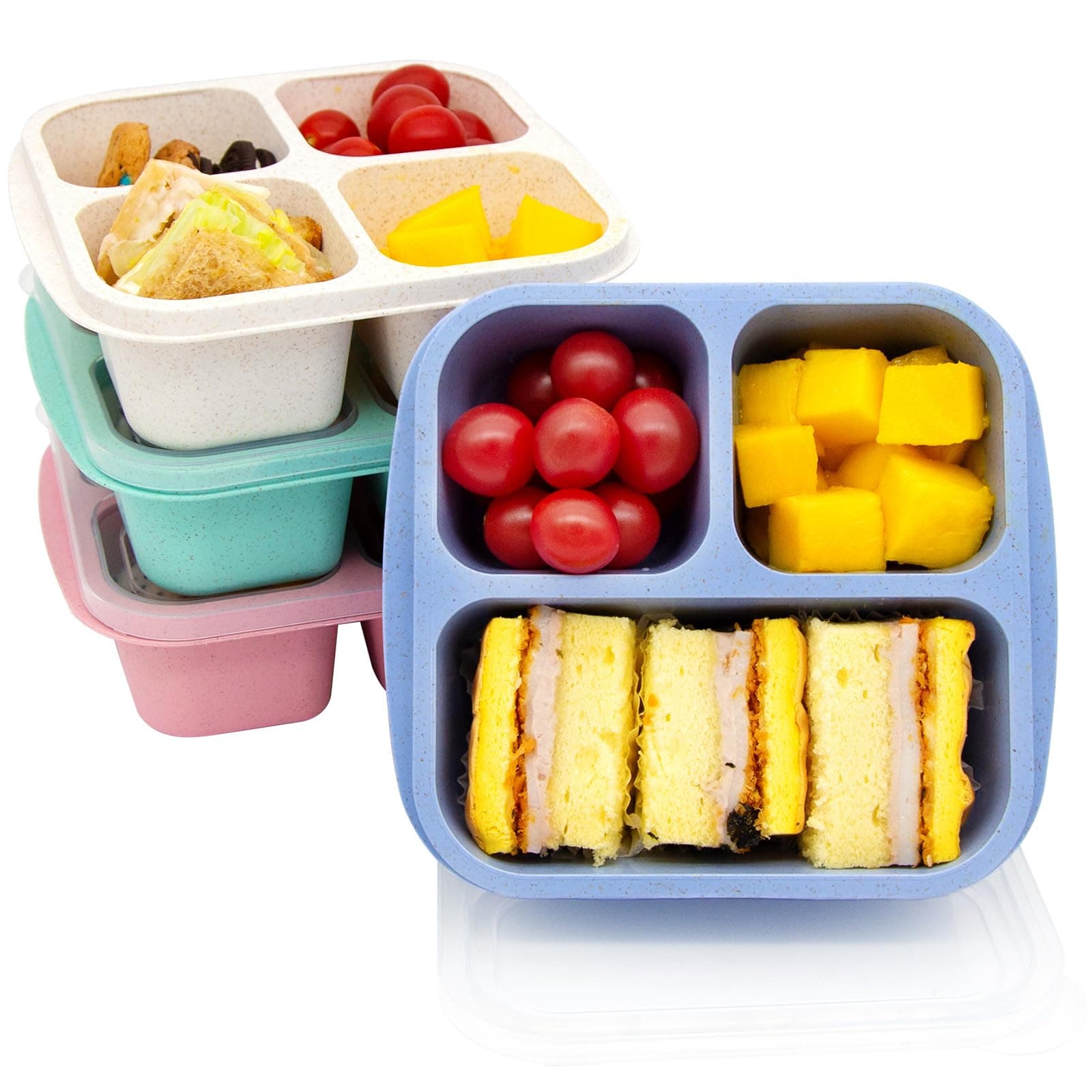 4 pack Bento Lunch Box, Snack Containers,Meal Prep Containers Kids/Toddle/Adults,Food Storage Containers for School, Work and Travel (4 and 3 Compartment Multicolor)