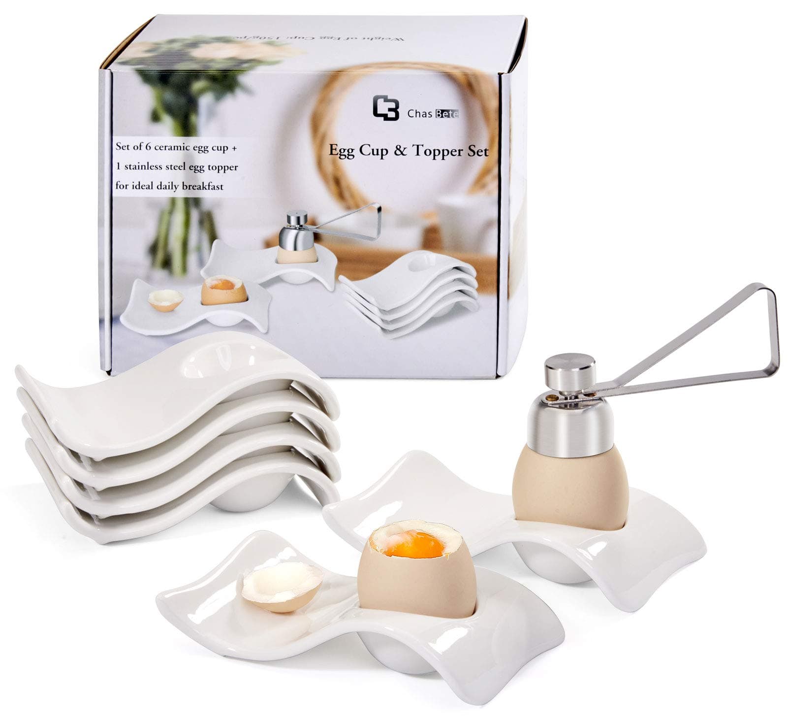 Egg Cups for Soft Boiled Eggs, Ceramic Egg Cup, Soft Boiled Egg Holder 6 + 1 Egg Topper Cutter for Decor/Breakfast/Brunch