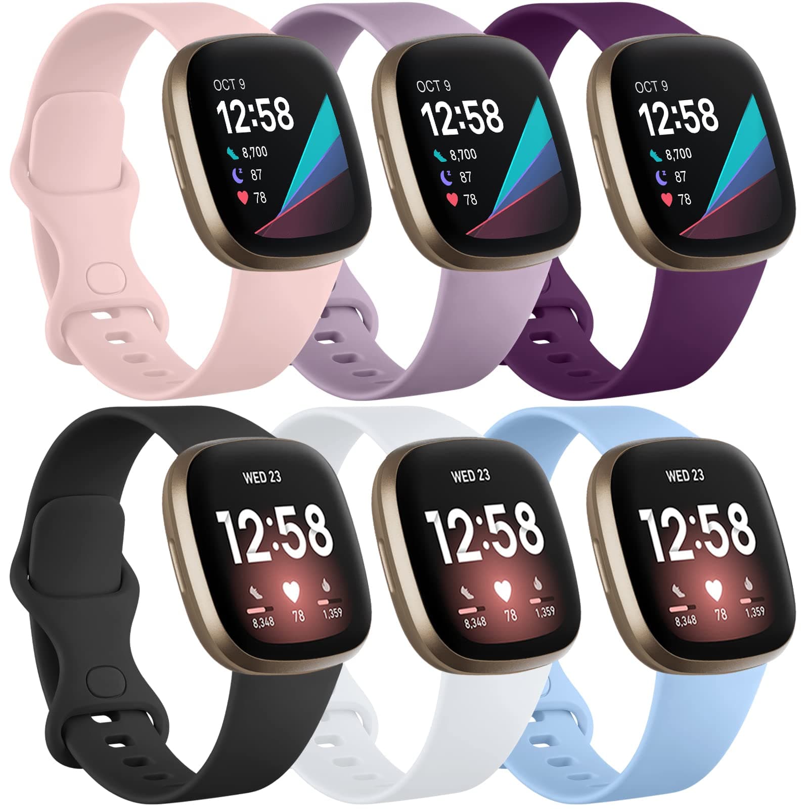 Charlam 6 Pack Straps Compatible with Fitbit Versa 3/ Versa 4 Straps/Fitbit Sense/Sense 2 Strap, Soft Sport Watch Strap Replacement Wristbands for Women Men, Small Large