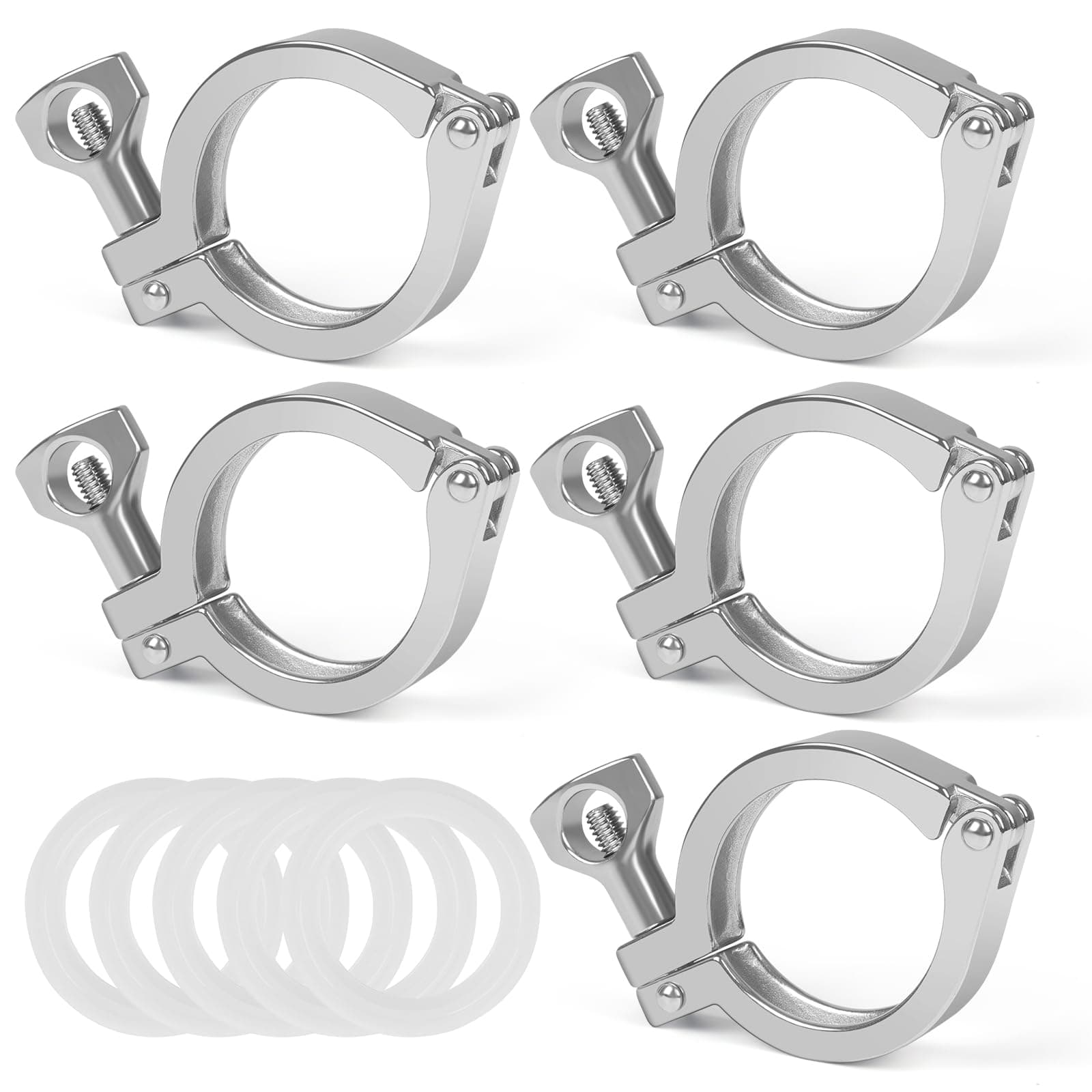 Tri Clamp 5 Pcs Single Pin Heavy Duty with Wing Nut Generic Ferrule TC 1、1.5 Inch Stainless Steel 304 with Silicone Gasket