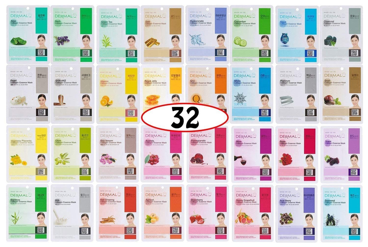 Korean Collagen Face Mask 32 Combo Pack A+B Set – Hydrating & Soothing Sheet Mask with Panthenol, Hypoallergenic Calming Moisture Care for All Skin Types