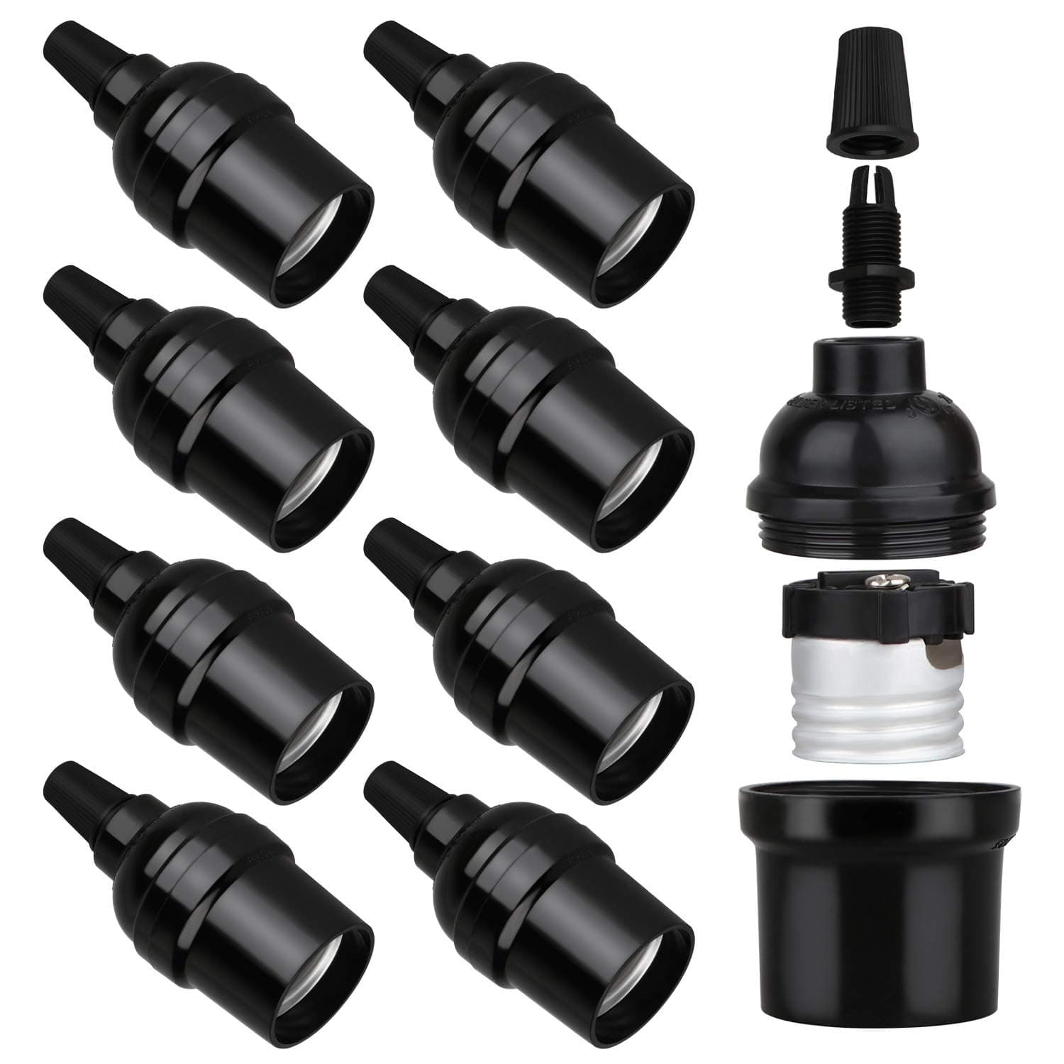 E26 E27 Light Sockets, 8 Packs Edison Period Retro Style Pendant Lamp Holder, Replacement DIY Pendant E26 Medium Base Screw Light Holder, Maximum Wattage 100W, Vintage Black Light Bulb Socket