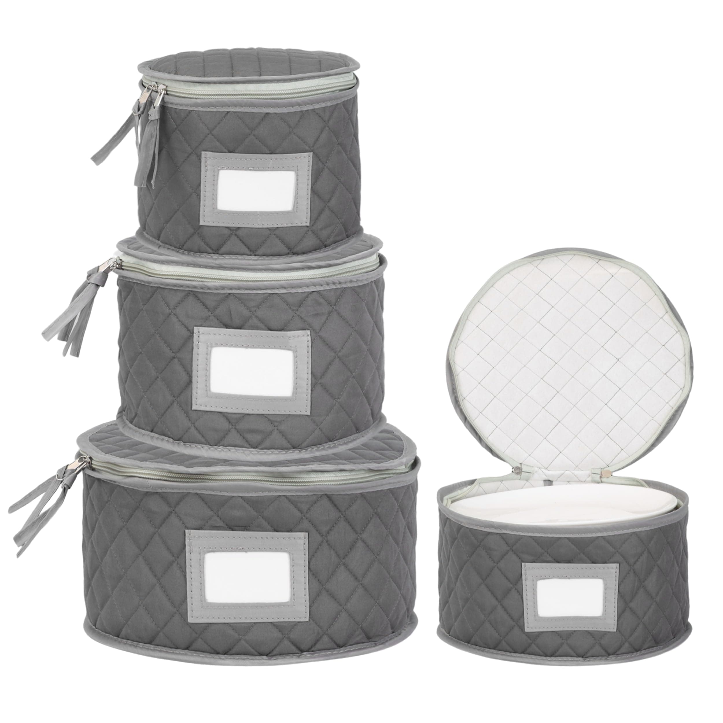 Stack Store Plus More Fine China Storage - Set of 4 Quilted Cases for Dinnerware Storage. Sizes: 12" - 10" - 8.5" and 7" Long - Gray - Quilted Fabric Container with 48 Felt Plate Separators Included