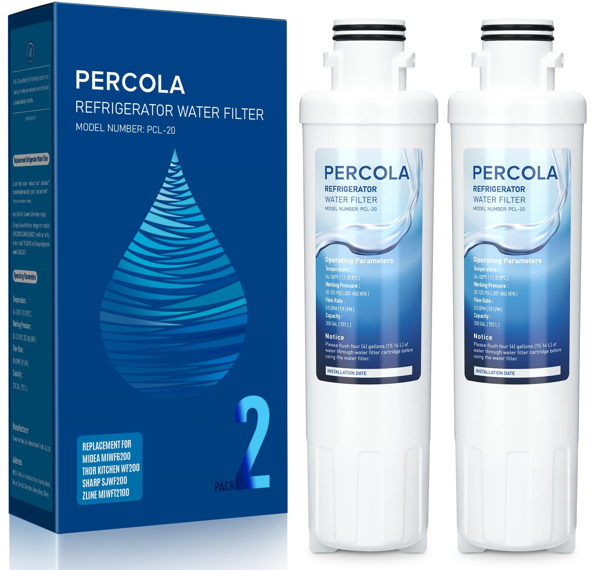 MIWF6200 Water Filter, Compatible with Sharp® SJWF200, SJG2254FS, Thor Kitchen® WF200, Zline® MIWFT2100, Midea® MRS26D5AST, MF-2008-R2, Zline® RFM-W-36 Refrigerator Models (2 Pack)