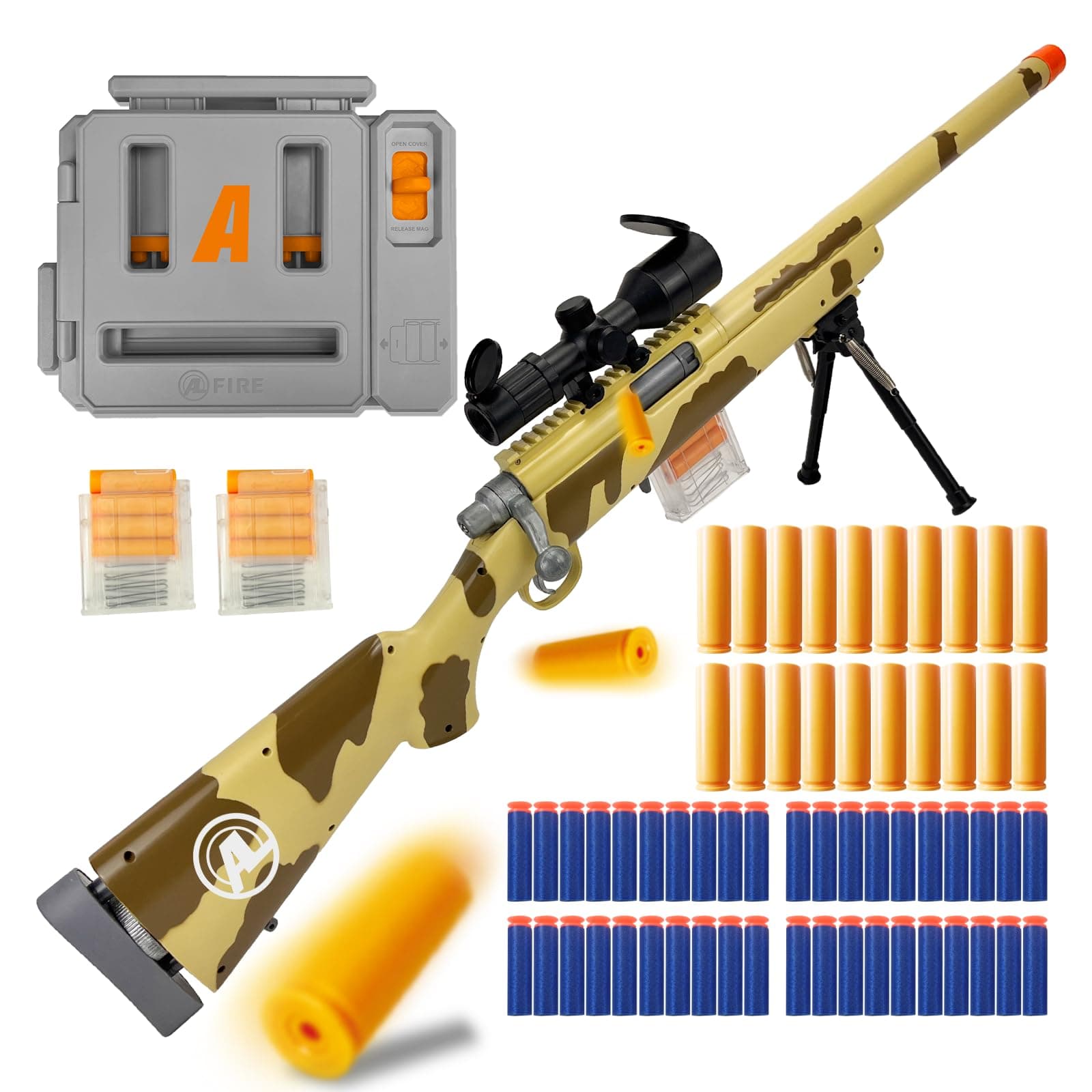 M24 Foam Blaster, Shell Ejecting, Safety Switch, Adjustable Stock 41.8 Inch, Fast Dart Loader, Scope, 40 Darts, 20 Casings, 2 Mags, Tactical Gear for Teens 14+ Adults(Yellow)