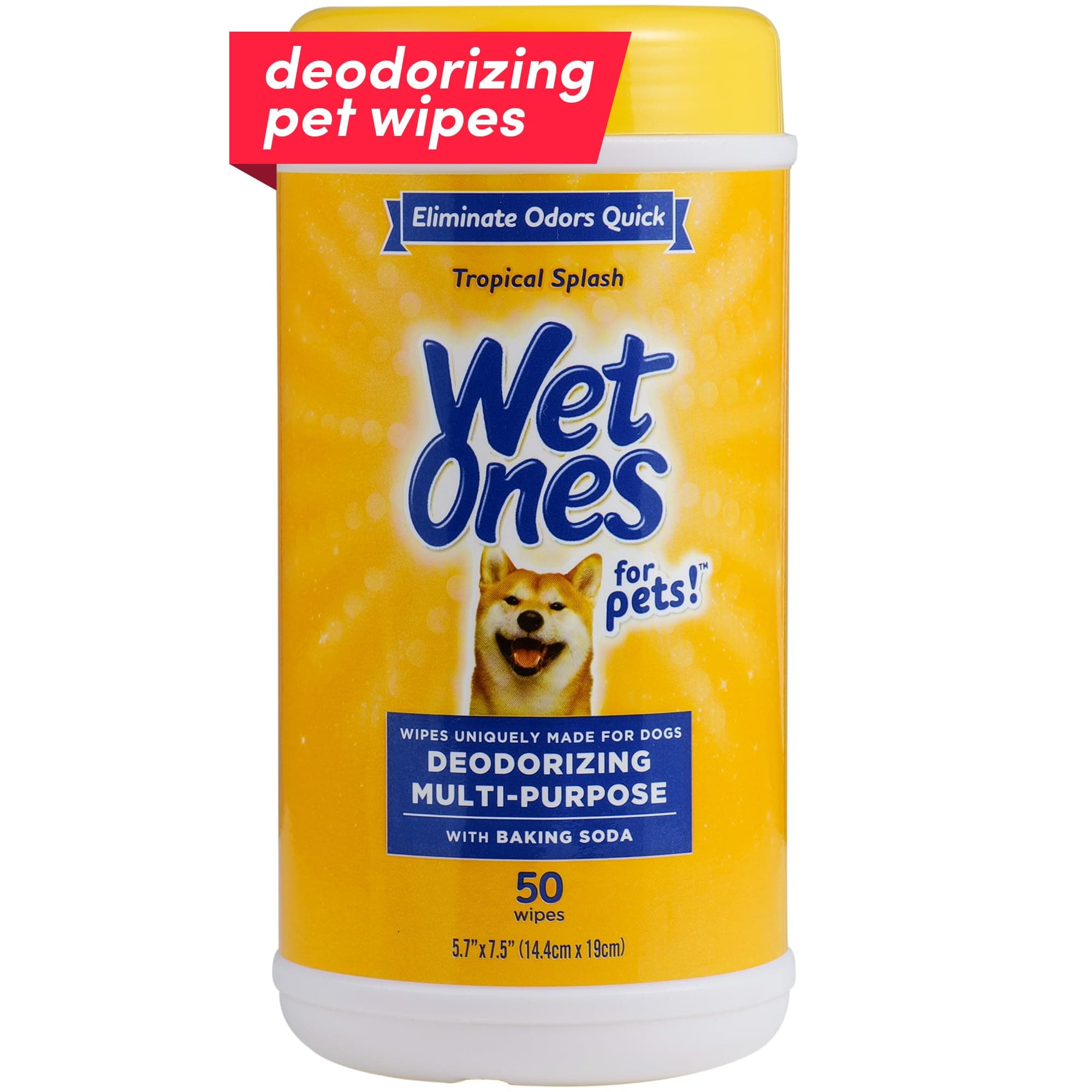 Wet Ones for Pets Deodorizing Multipurpose Dog Wipes with Baking Soda, Tropical Splash Scent - Desmellizing Wipes for Dogs in Canister, 50 Count