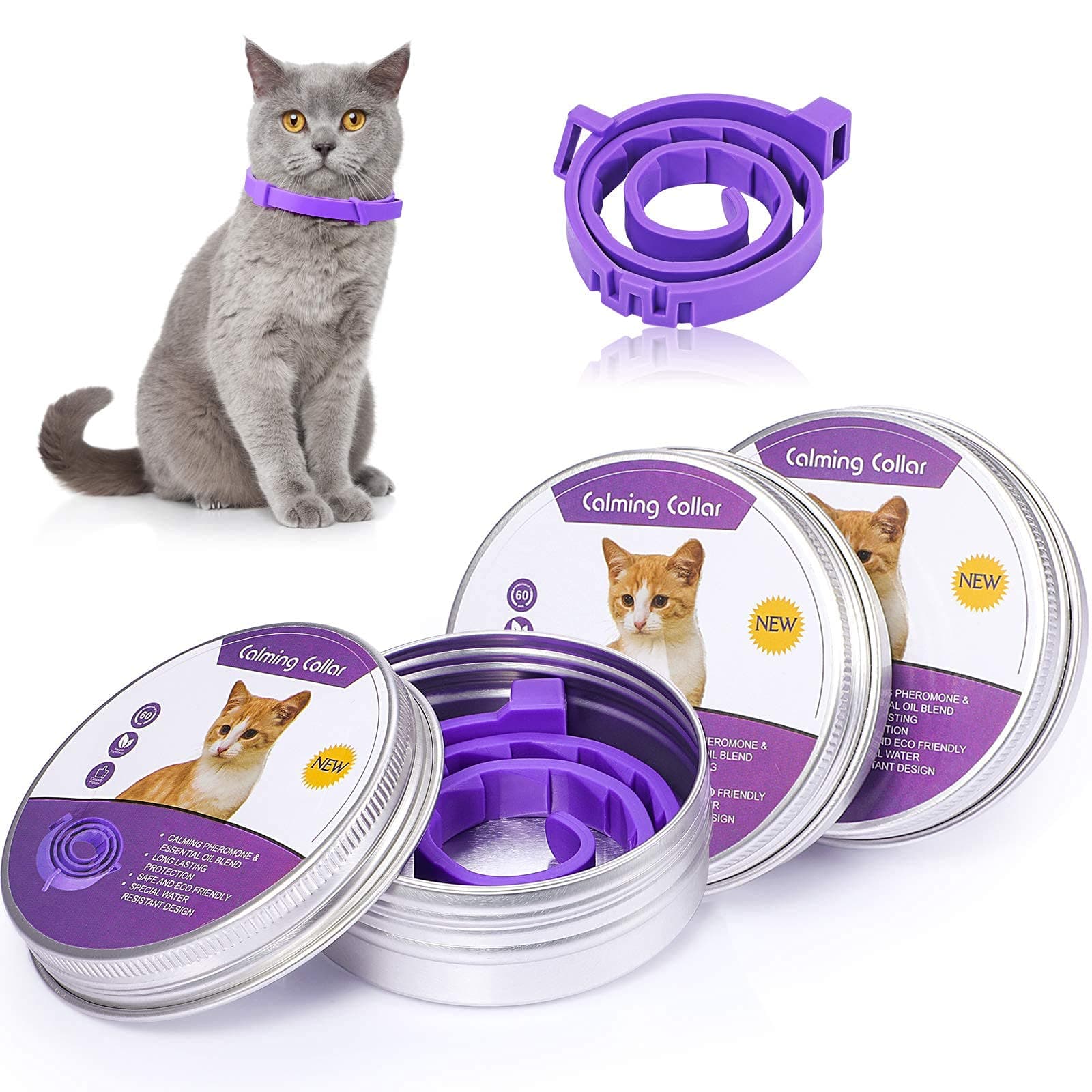 Cat Calming Collar, 3 Pack Calming Collar for Cats, Kitten Pheromone Anti-Anxiety Calm Collars, Adjustable Waterproof Collar Up to 15 Inches Fit for Small Medium Large Cats