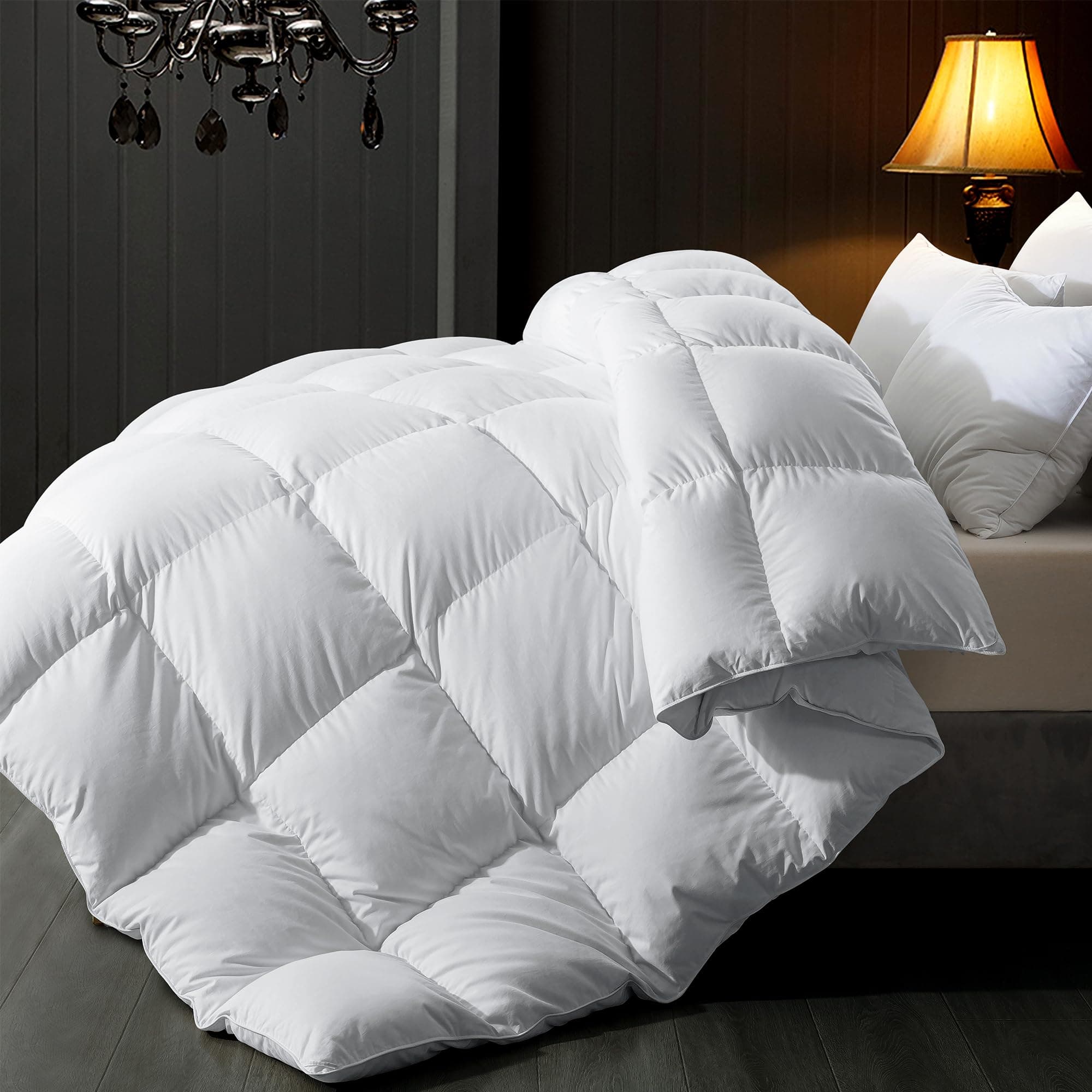 ELNIDO QUEEN® Feather Comforter Full Size, Filled with Feather and Downfiber, Luxurious All Season Fluffy Duvet Insert, Ultra Soft Hotel Collection 100% Cotton Cover Bed Comforter, White 82x86 Inch
