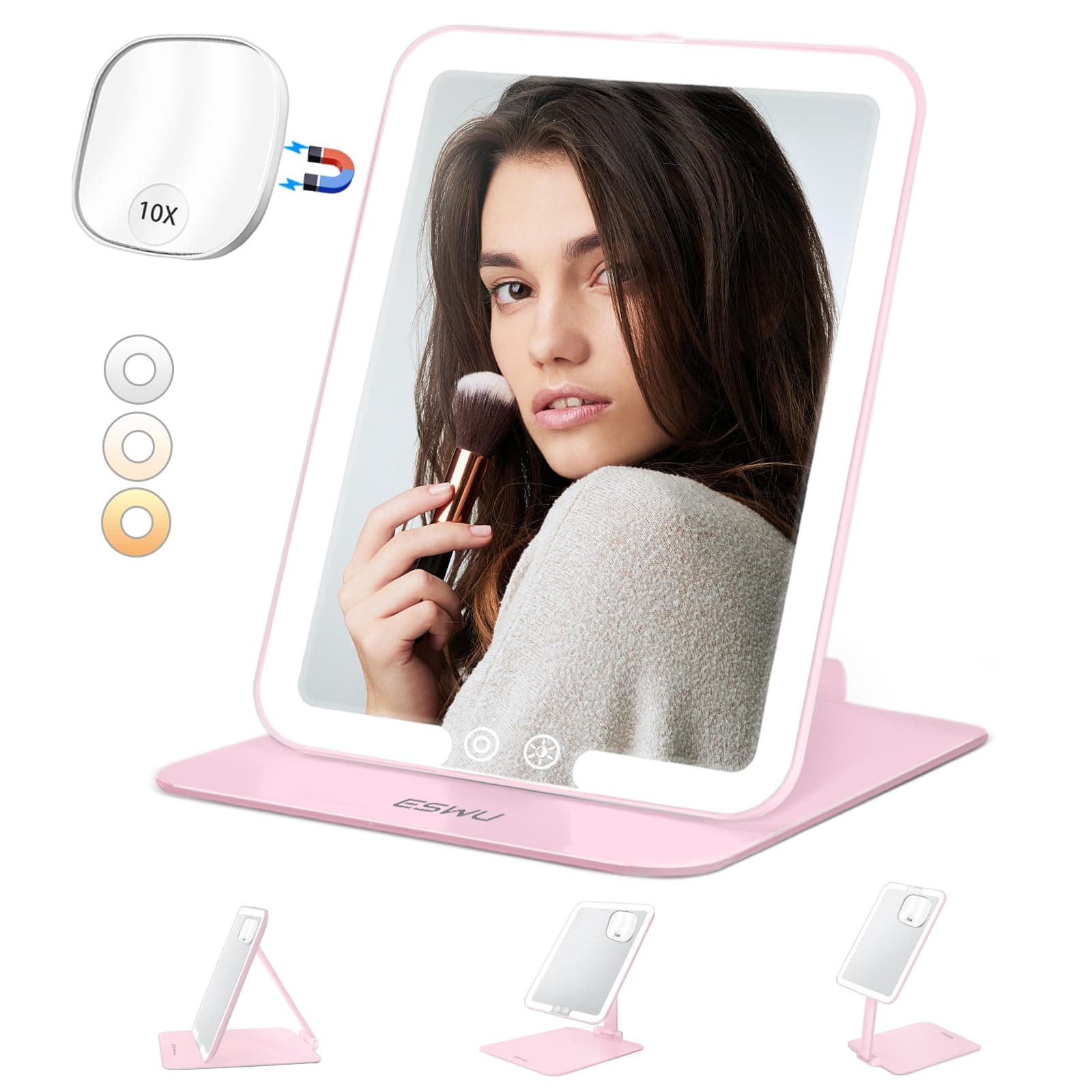 ESWU Travel Makeup Mirror with Light, Portable Folding Make Up Tabletop Mirrors with 10X Magnifying Mirror Rechargable 3 Colors Light Compact Vanity Mirror with Adjustable Stand (Pink)