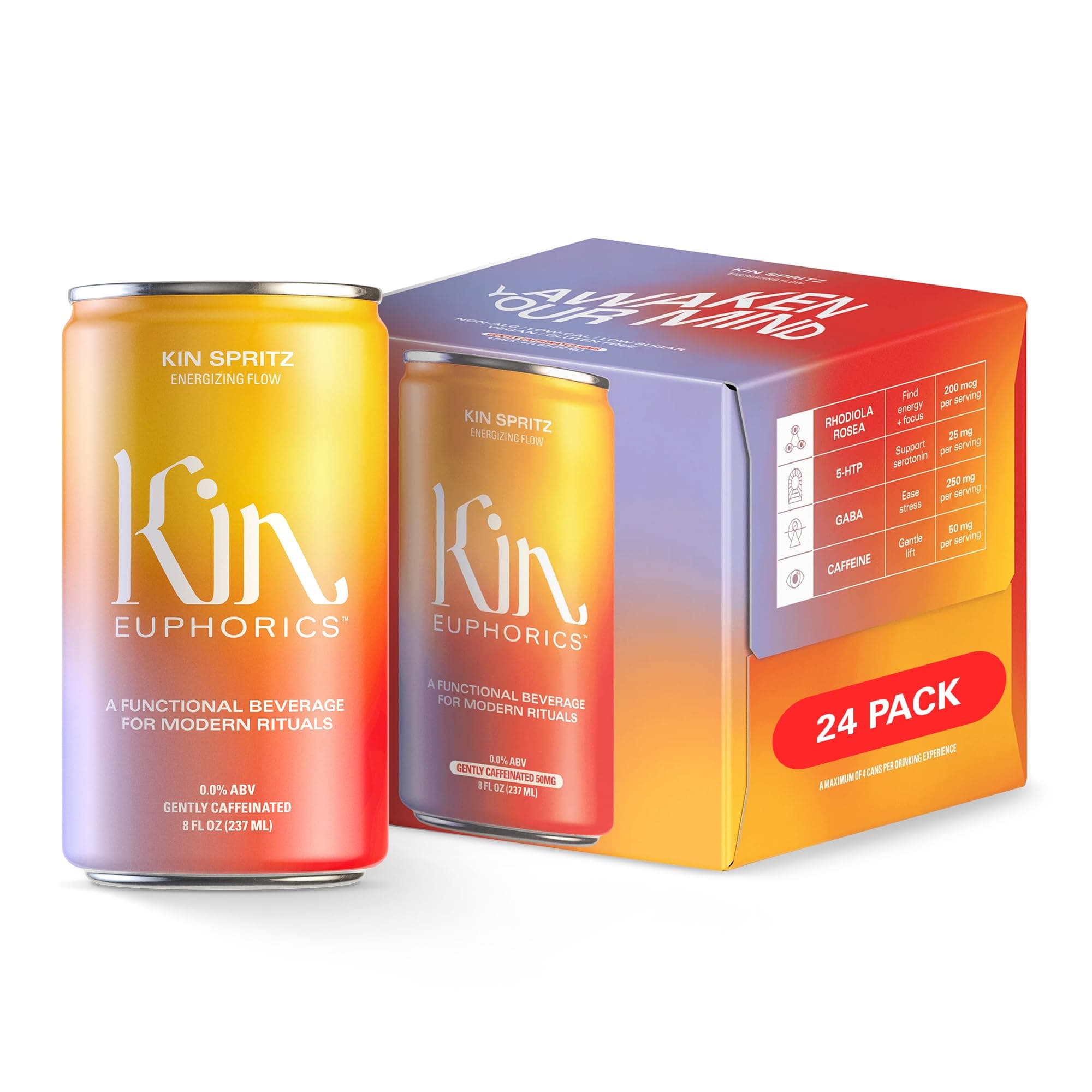 Kin Euphorics Kin Spritz Non-Alcoholic Functional Beverage | Invigorating Booster | Adaptogen & Nootropic Drink | Rhodiola Rosea, 5-HTP, GABA | Ready to Drink | 8 Fl Oz (24pk)