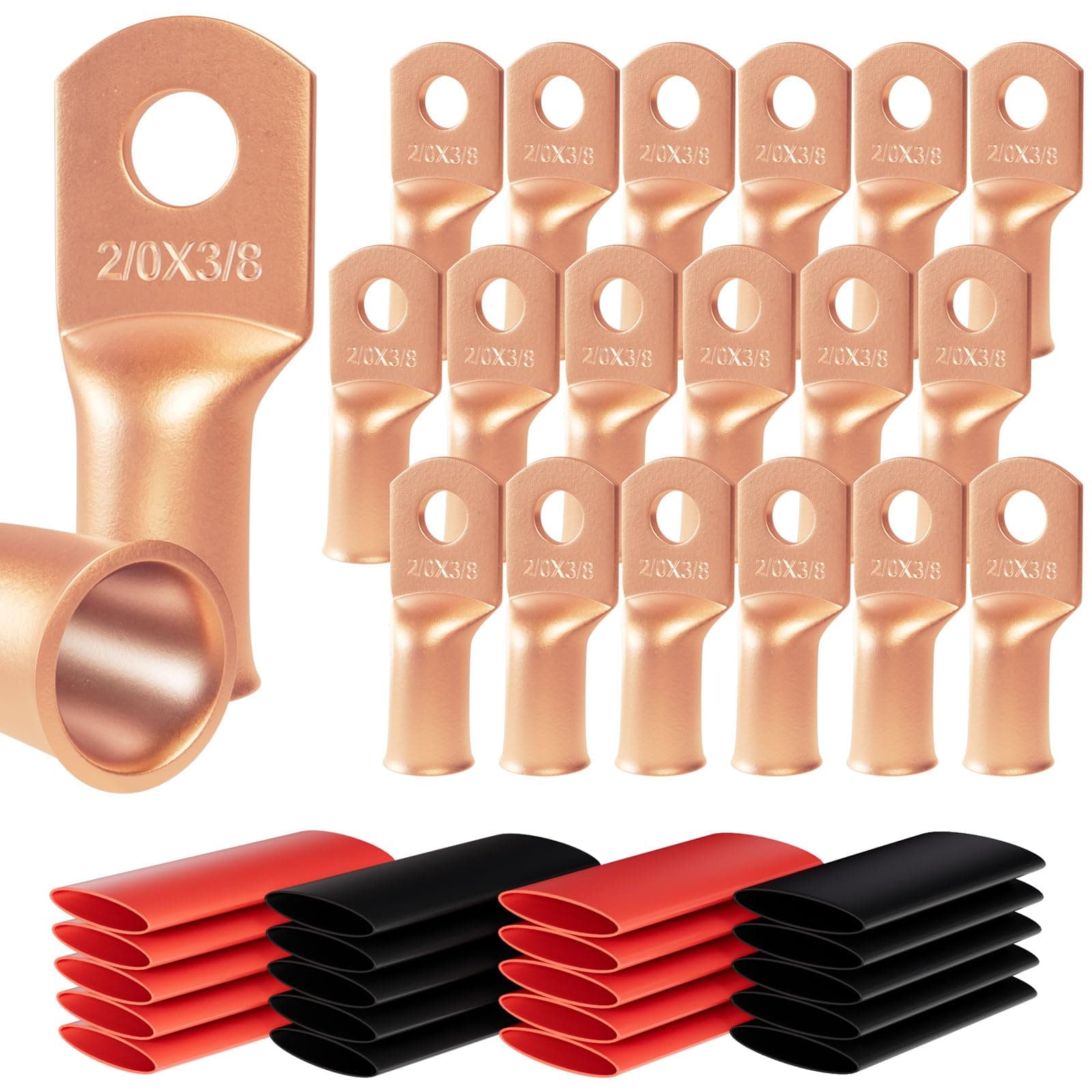 20pcs 2/0 Awg - 3/8" Sanuke Wire Lugs Ring Terminal Connectors Ends Heavy Duty for Battery Cable Lug Wire Electrical Eyelets with 3:1 Dual Wall Adhesive Heat Shrink