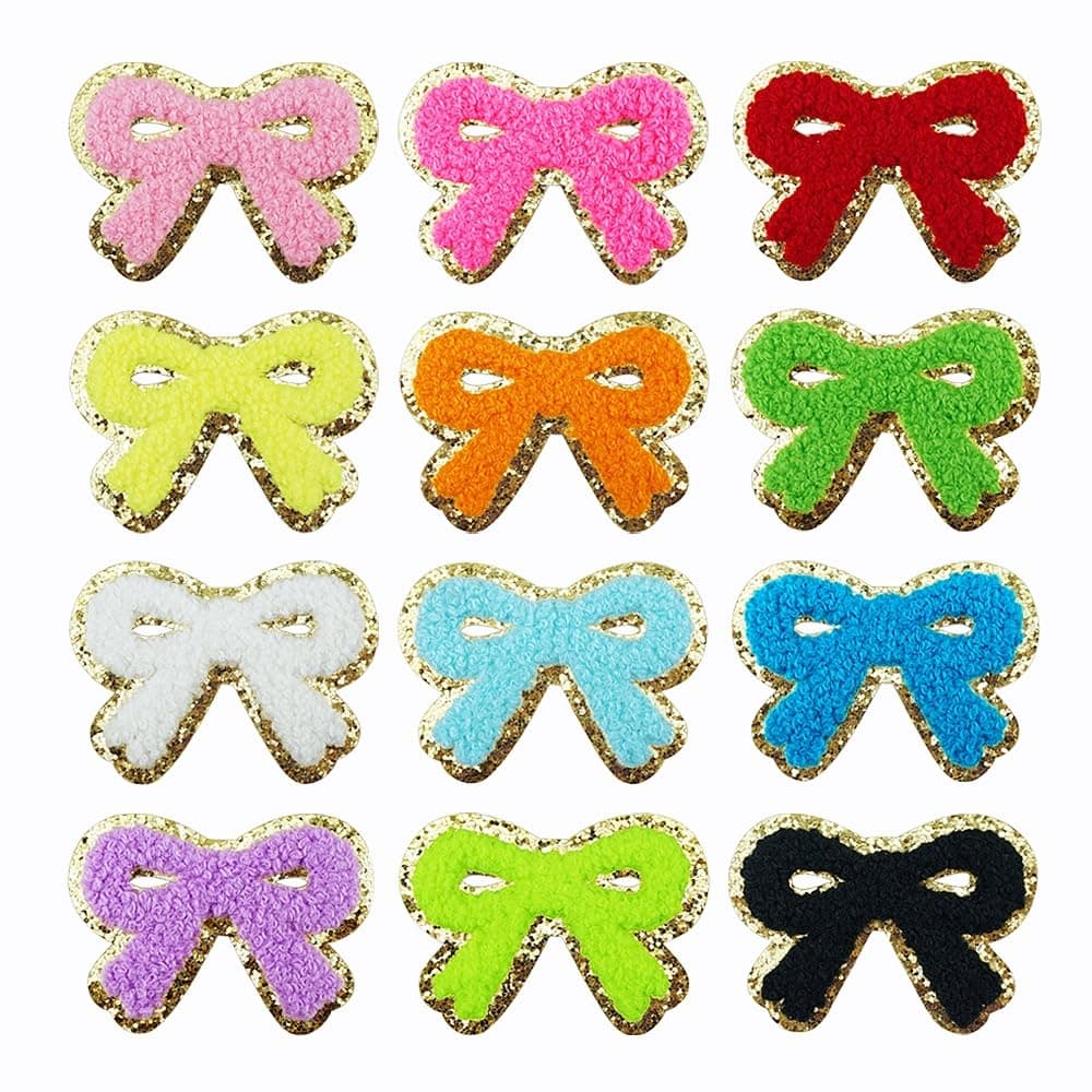 SaktopDeco 12 PCS Bow Patch Gold Edges Bow Iron On Patch Chenille Embroidery Patche Cute Sew On Patch for DIY Hats Bags Clothes