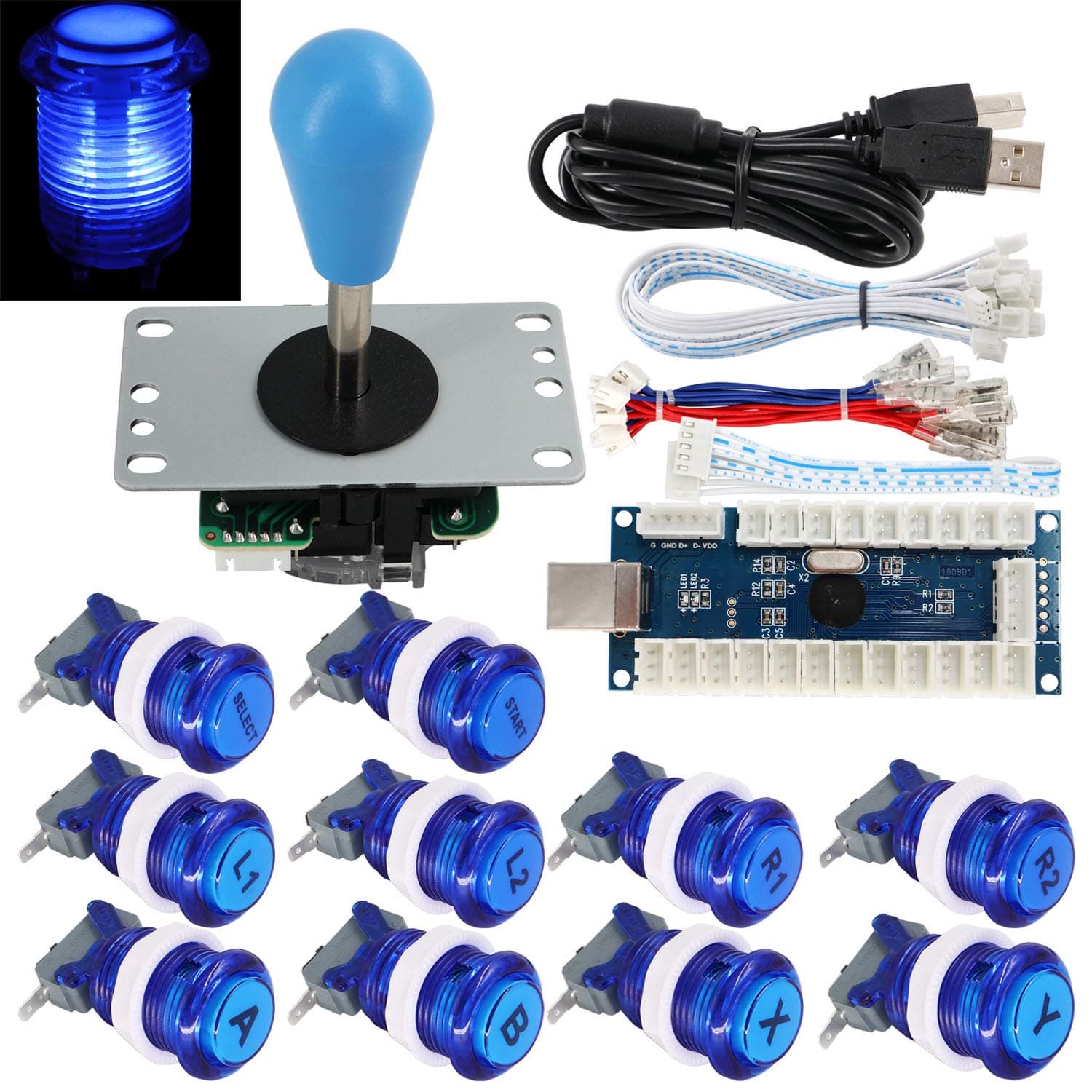 Arcade Game Stick DIY Kit Buttons with Logo LED 8 Way Joystick USB Encoder Cable Controller for PC MAME Raspberry Pi Blue