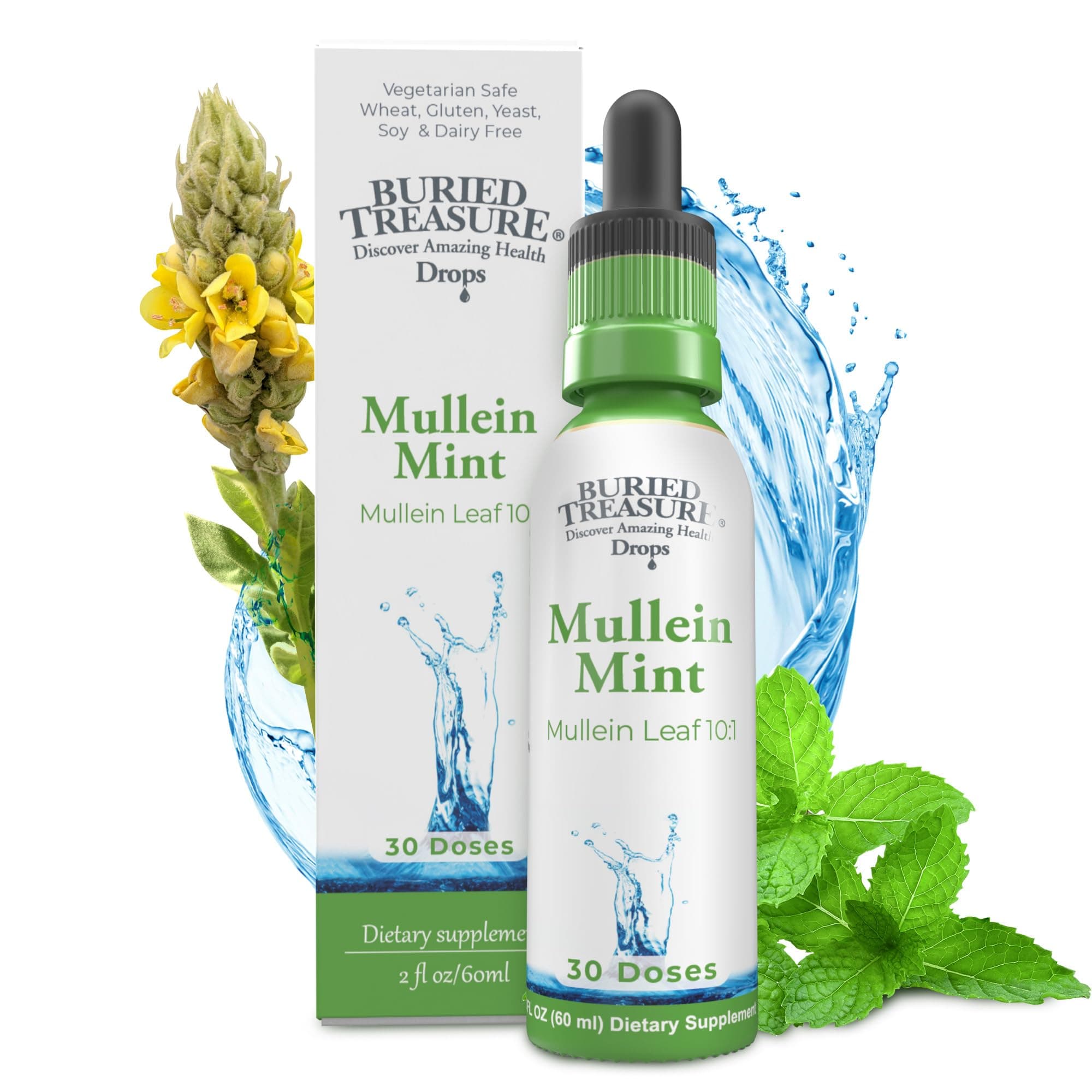 Buried Treasure Mullein Mint Drops: Instant Mullein Tea, Mullein Leaf Extract for Supporting Lungs, No Sugar, Easy-to-Use Drops for Seasonal Support