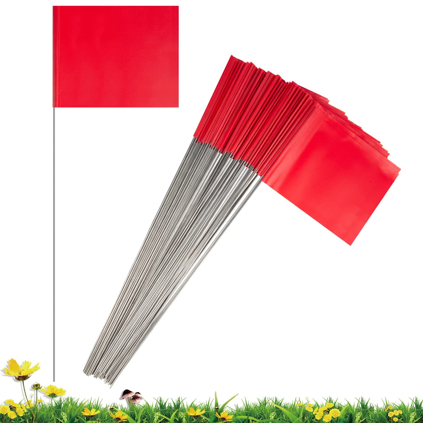 IKAYAS 50 Pack Marking Flags Marker Flags for Lawn, 4 * 5 Inch Red PVC Small Yard Flag Stake Flags on 15 inch Steel Wire, Lawn Flags, Yard Flags, Garden Flags