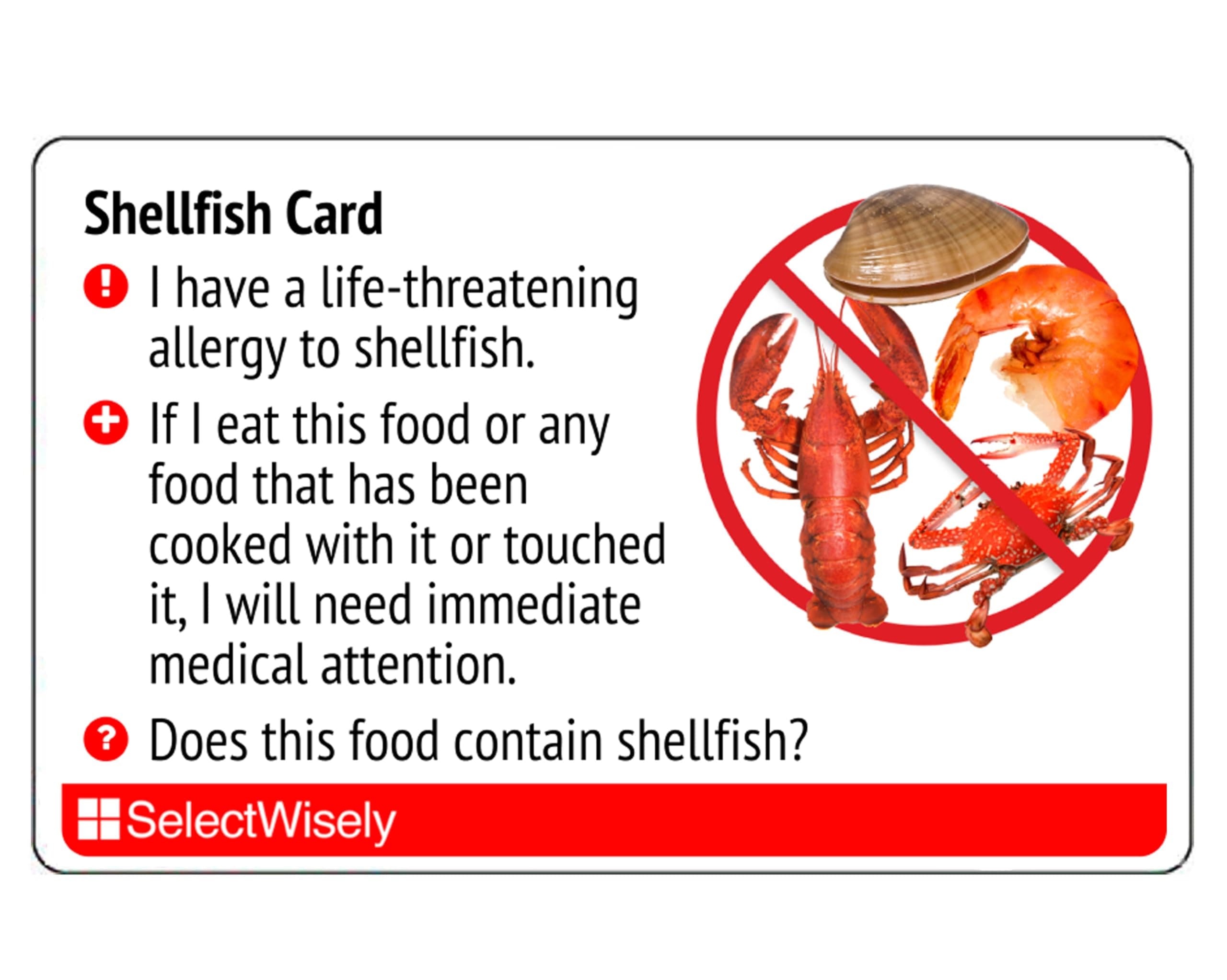 Shellfish Allergy Translation Card (2 Pack) - Translated in Spanish or 47+ Languages