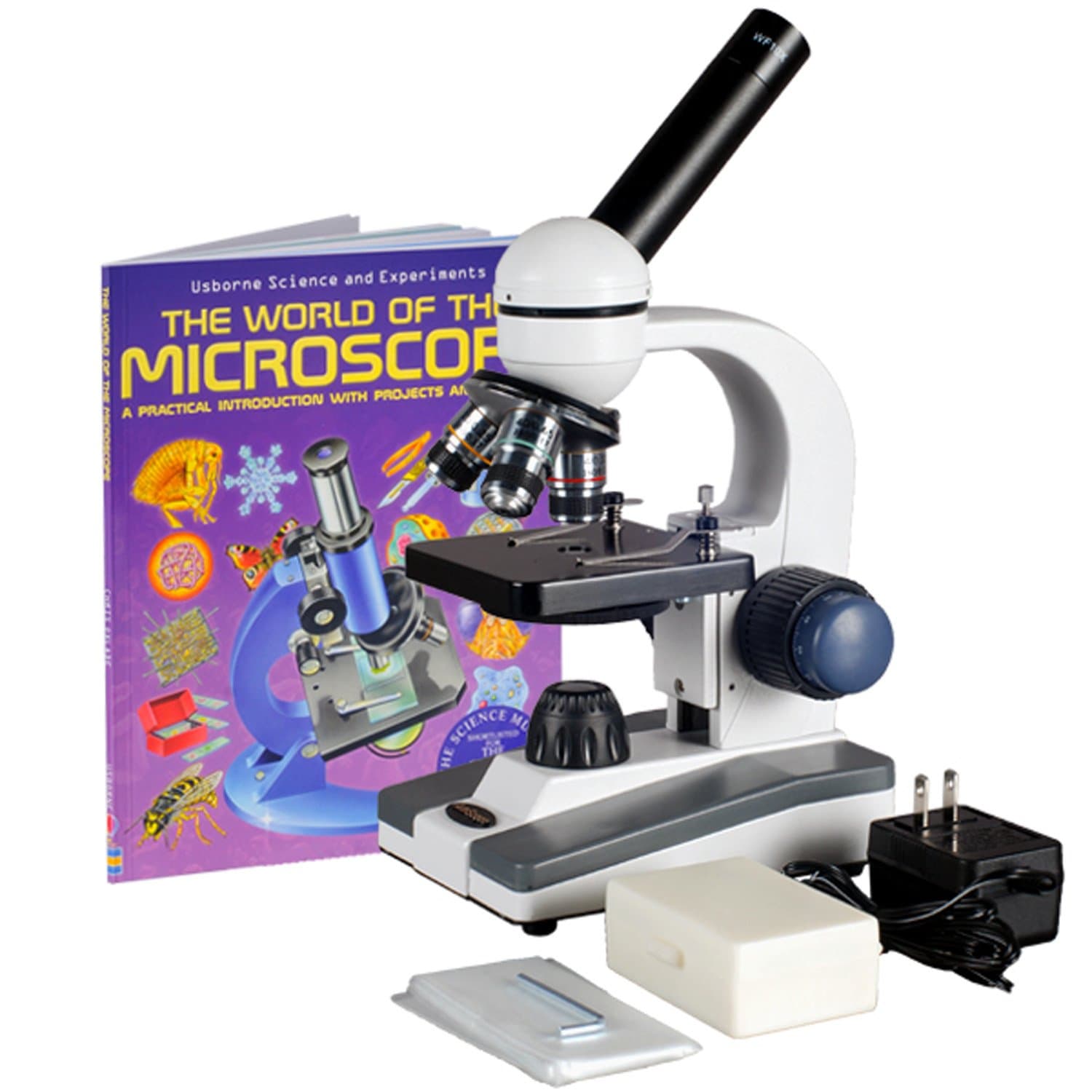 AmScope M150C-PB10-WM Compound Monocular Microscope, WF10x and WF25x Eyepieces, 40x-1000x Magnification, LED Illumination, Brightfield, Single-Lens Condenser, Coaxial Coarse and Fine Focus, Plain Stage, 110V, Includes 5 Blank Slides, 5 Prepared Slides, and Book