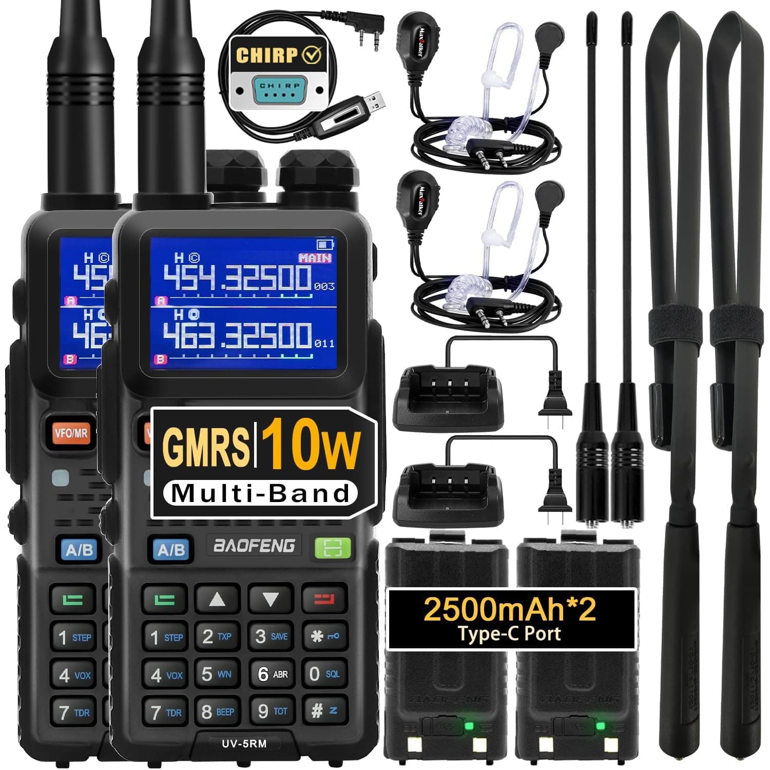 UV-5RM 10W Ham Handheld Radio Long Range with Tactical Antenna, Portable Two Way Walkie Talkies for Adults 5RM Multi-Band Radio with Air Duct Earpiece & 2500mAh Type-C Battery, 2 Pack