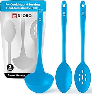 DI ORO Silicone Ladle & Spoons for Cooking – Large Kitchen Spoons for Mixing, Serving, & Stirring - Soup Ladle with Wide Bowl - High Heat Silicone Kitchen Utensils for Nonstick Cookware Safe (Blue)