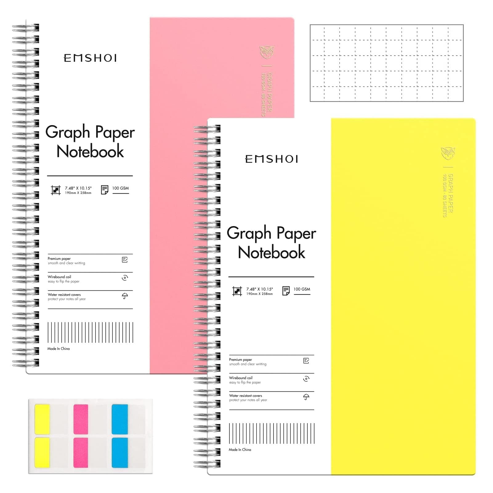 EMSHOI Spiral Graph Notebook, 2 Pack 7.48" x 10.15" B5 Large Graph Paper Composition Notebook, 640 Pages 100gsm Thick Grid Journal with Sticky Notes, Plastic Hardcover, Yellow, Pink