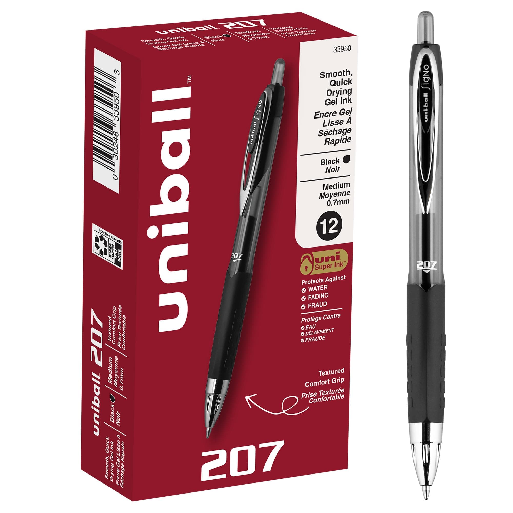 uni-ball 207 Retractable Gel Pens Medium Point, 0.7mm, Black, 12 Pack