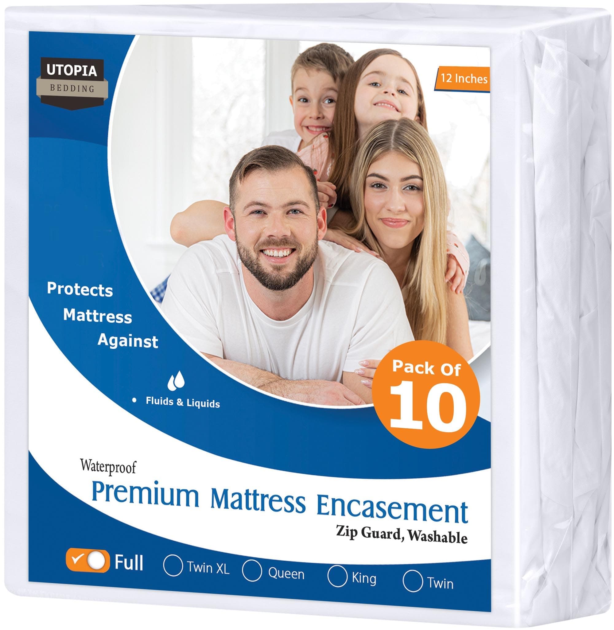 Utopia Bedding Premium Waterproof Bed Bug Mattress Cover, Full Zippered Mattress Protector, 12 Inches Deep, Dust Mite Proof 6-Sided Mattress Encasement for Bed (Pack of 10)