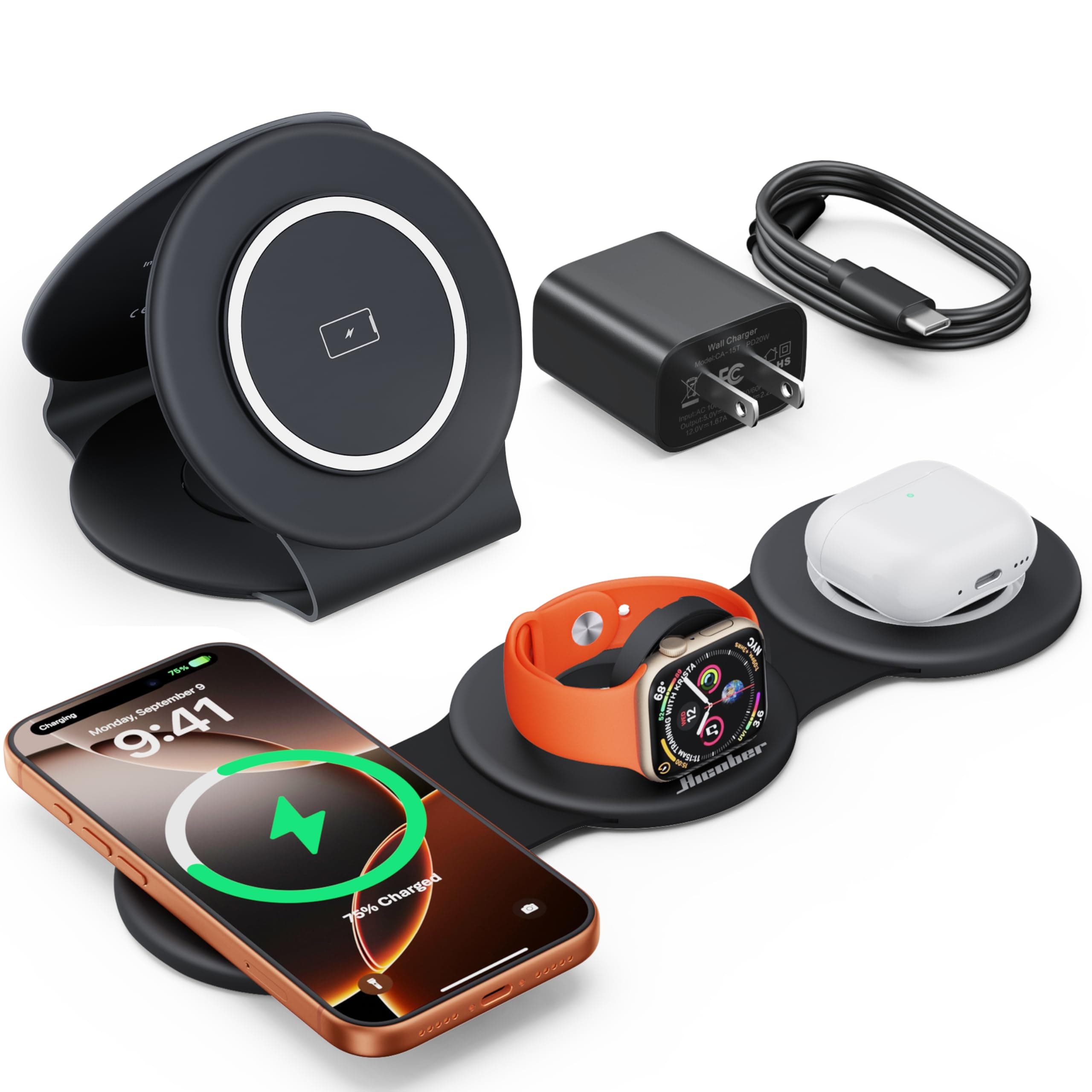 HICOBER 3 in 1 Charging Station for Multiple Apple Devices, Compatible with iPhone 17/16/15/14/13, Apple Watch & AirPods, Foldable Fast Wireless Charger & Travel Charger for Home/Office/Trips