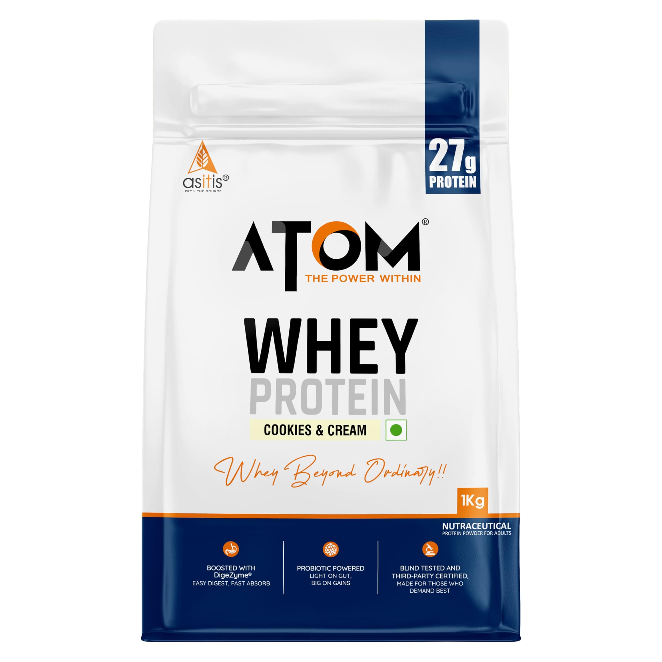 AS-IT-IS ATOM Whey Protein 1kg | 27g protein | Isolate & Concentrate | Cookies and Cream | USA Labdoor Certified | With Digestive Enzymes for better absorption