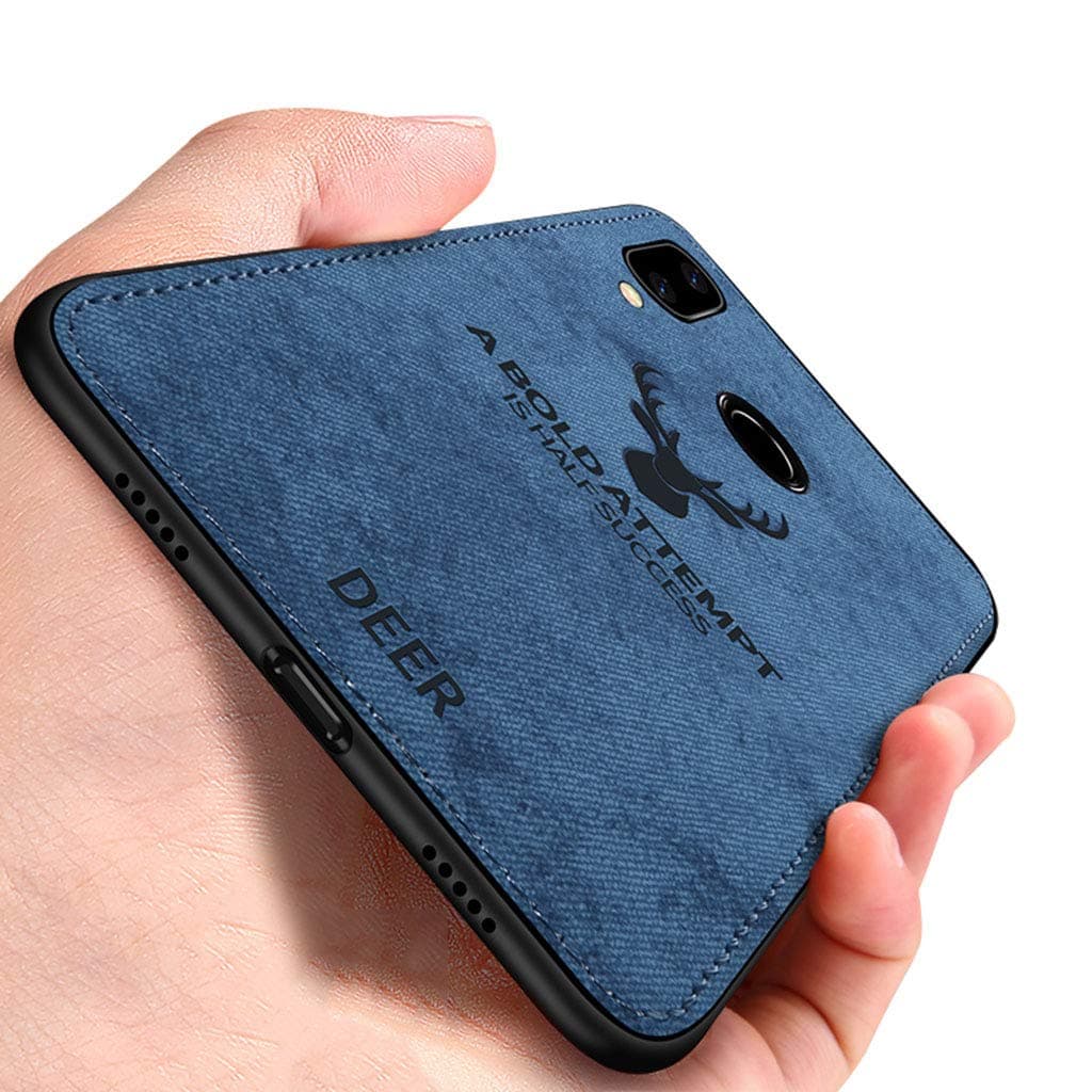 Yoodi Xiaomi Redmi Note 7 Case, Cloth Case Soft TPU Edge Shock Absorption Shell [Deer Head Art] Non-Slip Cleanable Hybrid Cover for Xiaomi Redmi Note 7 - Blue