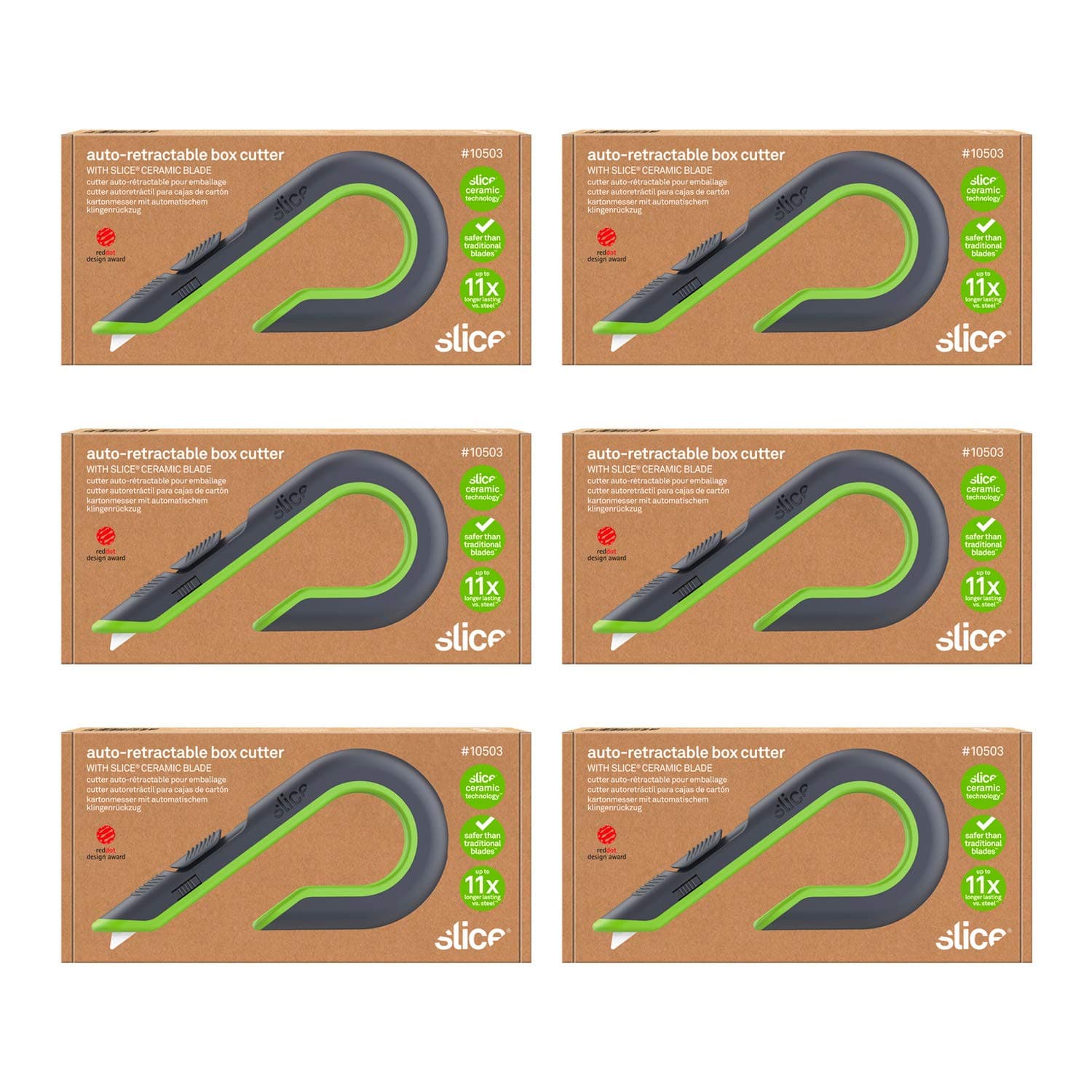 Slice Auto-Retractable Box Cutter, Heavy Duty Utility Knife, Safe Ceramic Blade Lasting 11x Longer than Metal, 6 Pack