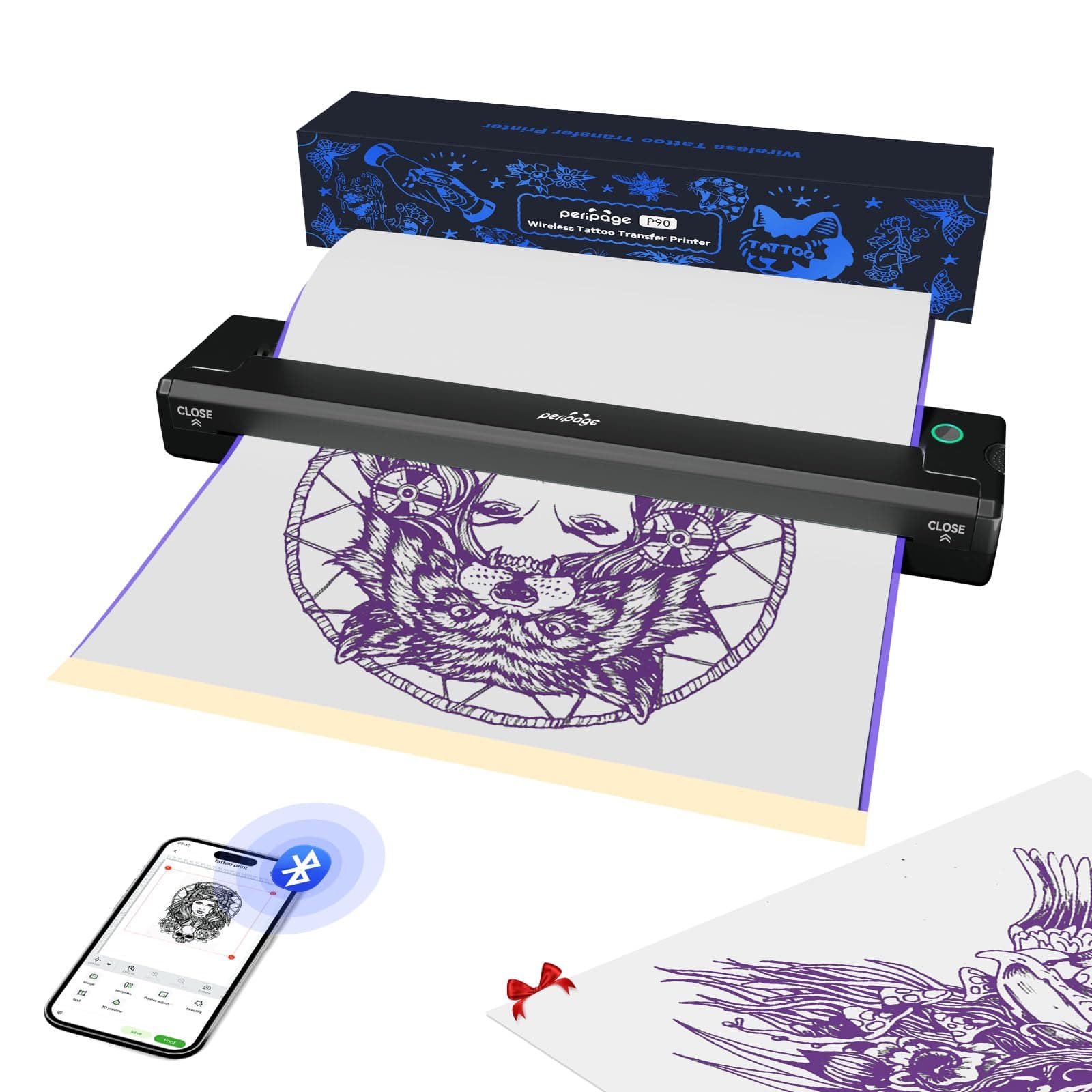 PeriPage P90 Wireless Tattoo Stencil Printer - Professional & Beginner Friendly, Bluetooth & USB Connectivity, Free Stencil Paper Included