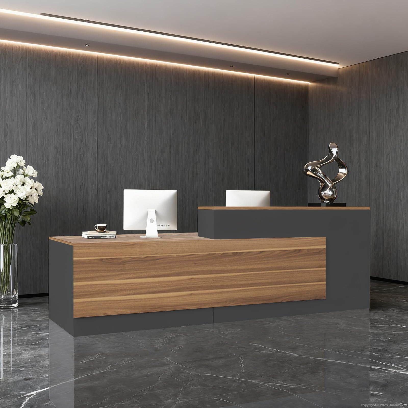 Modern L-Shaped Reception Desk with Hutch, Reception Counter Table, Lockable Drawer Door Cabinet, Office Wooden Computer Front Desk (European Oak+lron Gray-Right Cabinet, 87L*24" W*41" H)