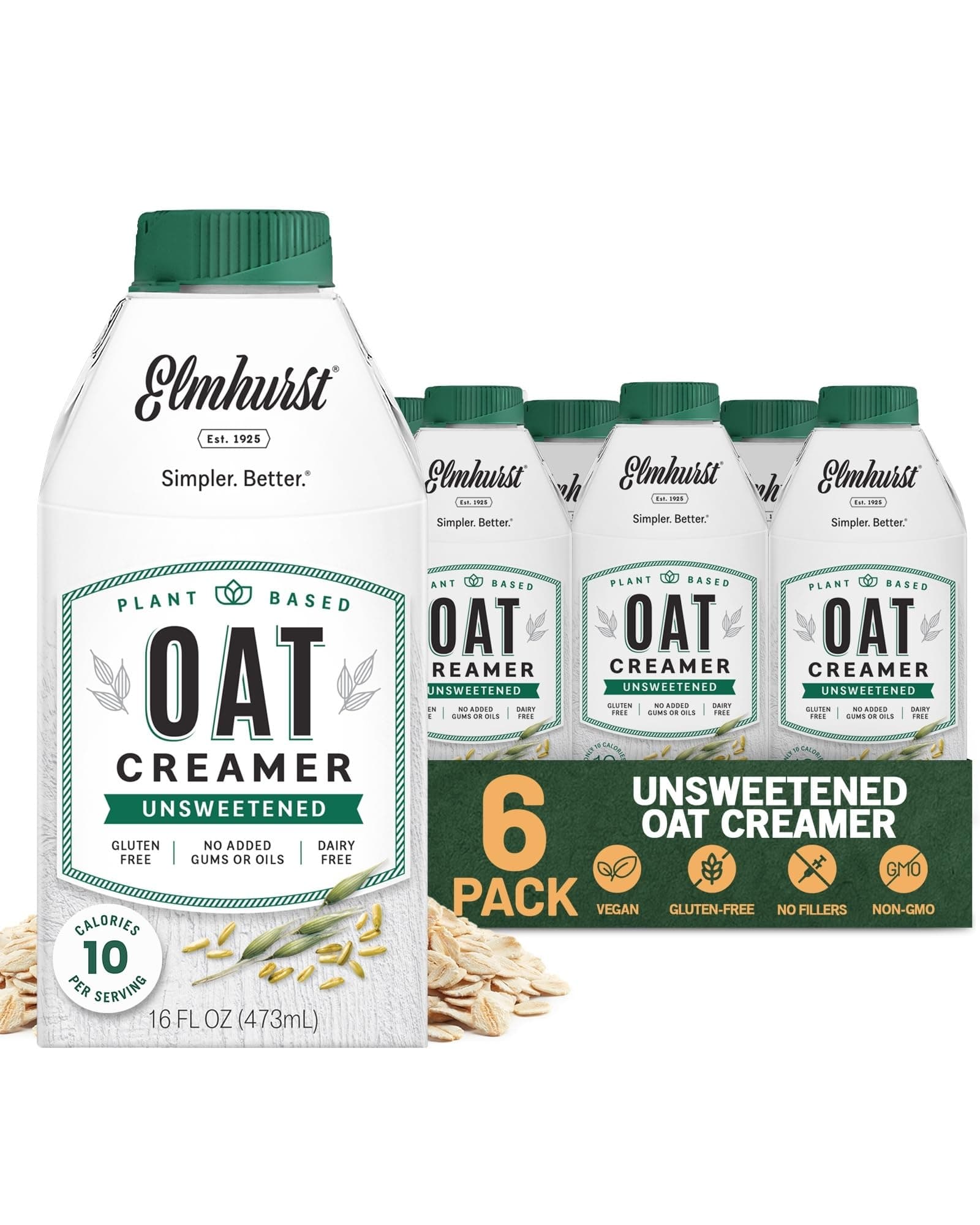 Elmhurst 1925 Unsweetened Oat Creamer - 16 Ounce (Pack of 6) Dairy-Free, Vegan, Kosher, No Sugar, Shelf Stable Creamer Made with Whole Grain Oats for Healthier, Simpler Plant Based Alternatives