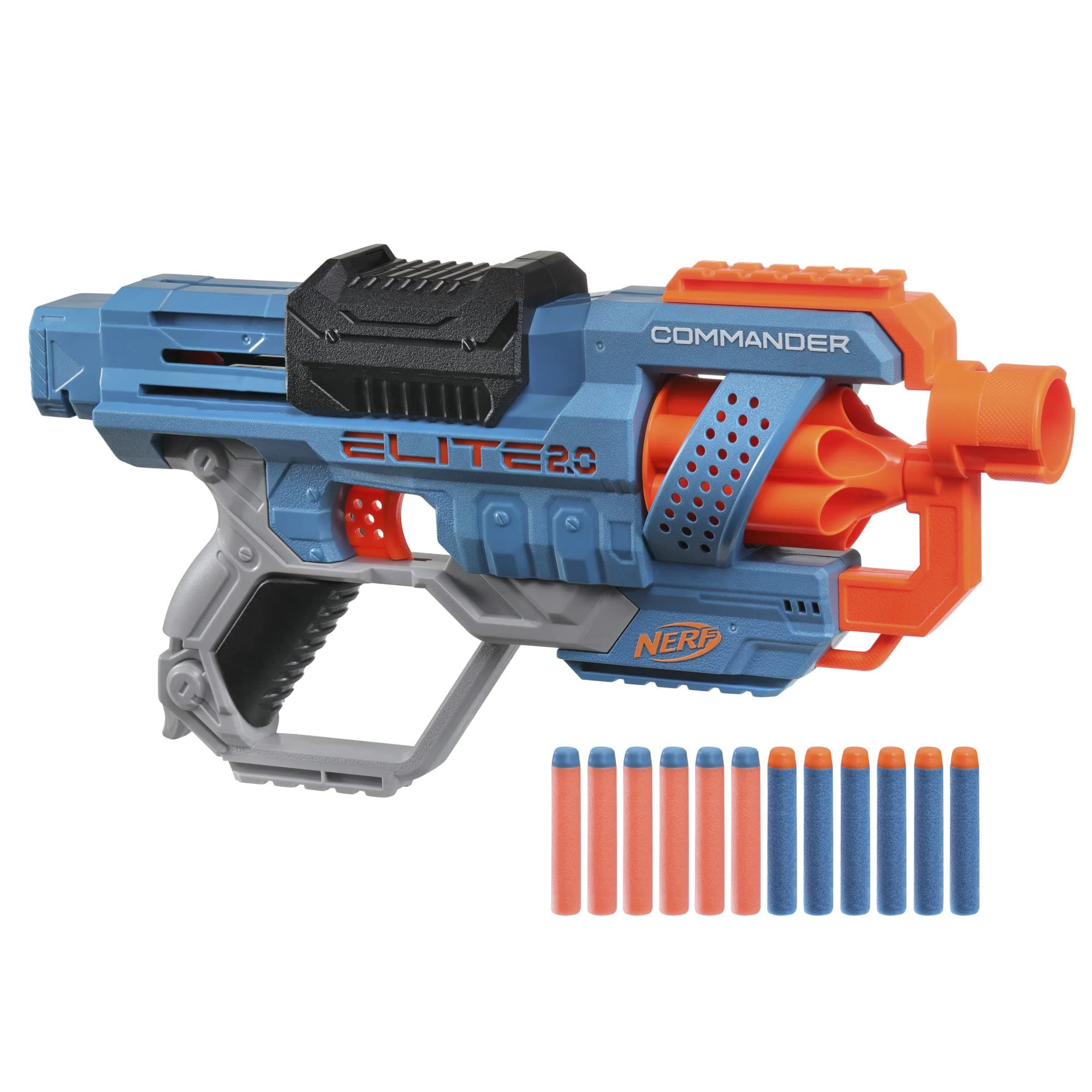 Nerf Elite 2.0 Commander RC-6 Blaster, 12 Elite Darts, 6-Dart Rotating Drum, Tactical Rails, Barrel and Stock Attachment Points
