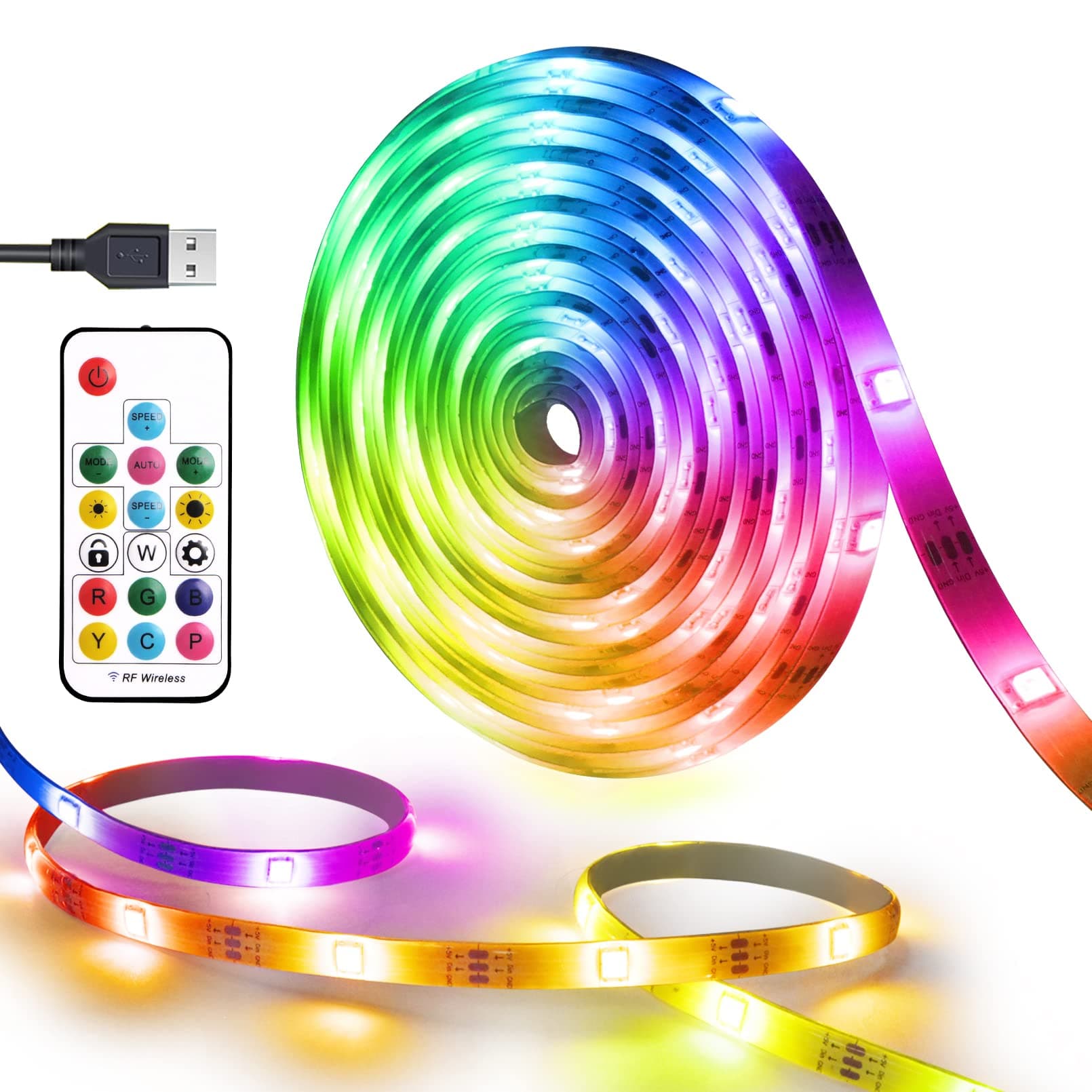 USB Powered LED Strip Light TV Backlight 16.4FT/5M RGB Led Lights Waterproof USB Lights Strip with RF Remote TV/PC Background Bias Lighting Cuttable Strip Lights for Indoor DIY Decoration