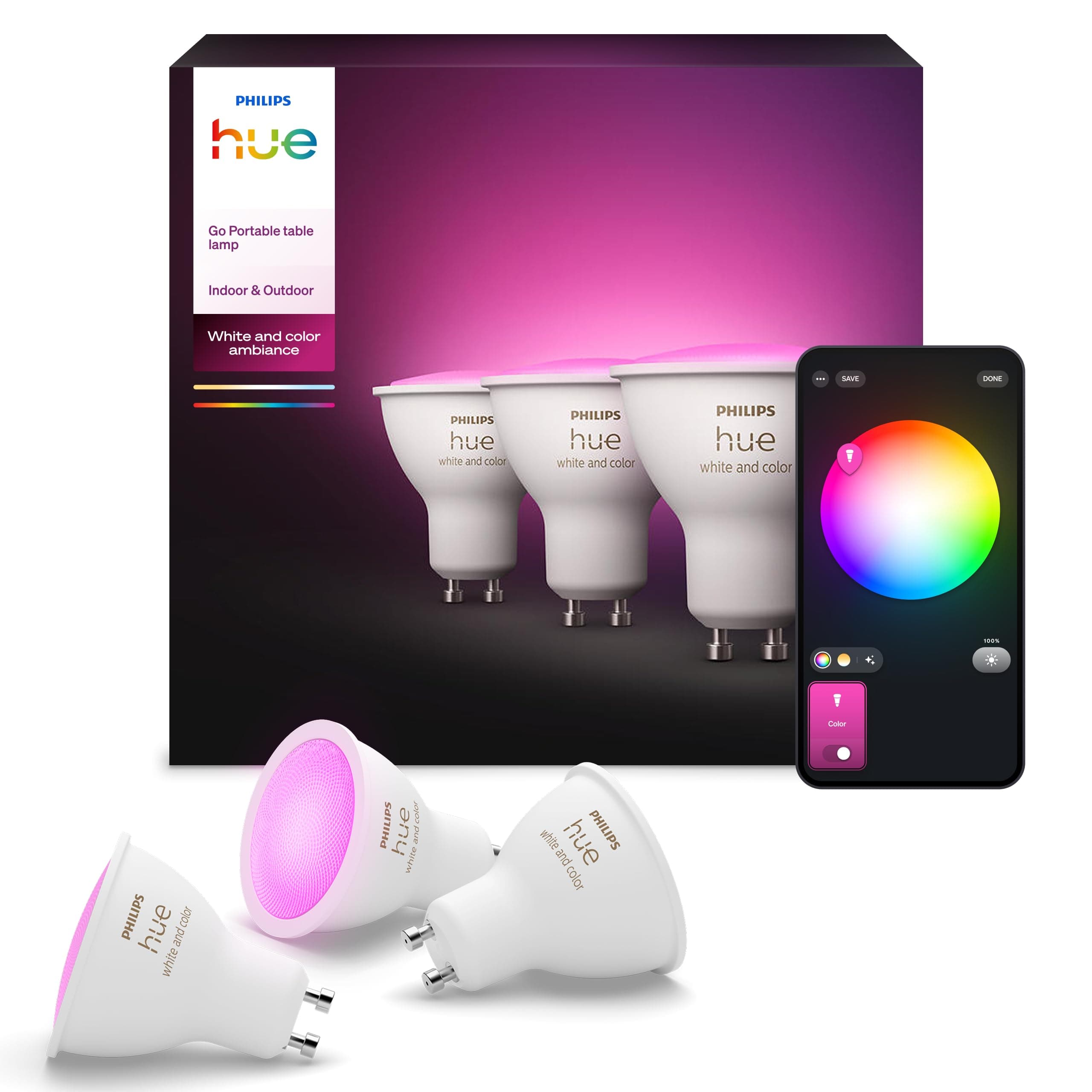 Philips Hue GU10 – Smart Spotlight – (3-Pack) White and Colour Ambiance