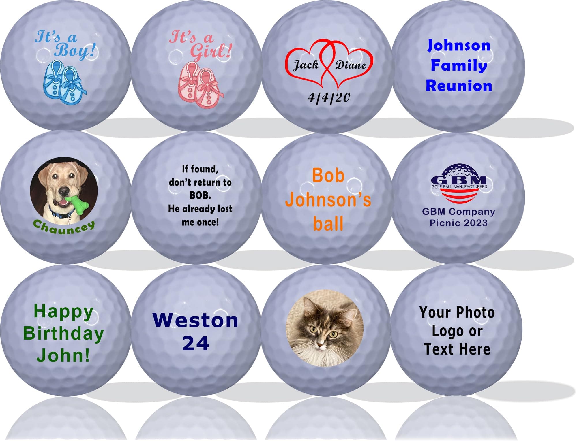 GBM White Personalized Golf Balls – Add Photo Logo or Text for Parties, Events & Short Game Play, Unique Gift Idea for Golfers