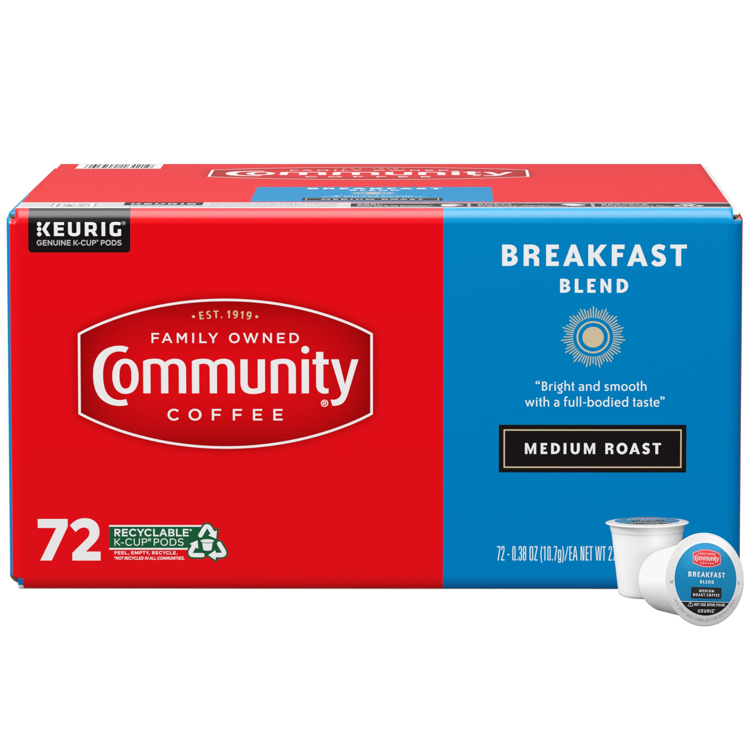 Community Coffee Breakfast Blend, Medium Roast, Single-Serve Keurig K-Cup Pods, 72 Count (Pack of 1)