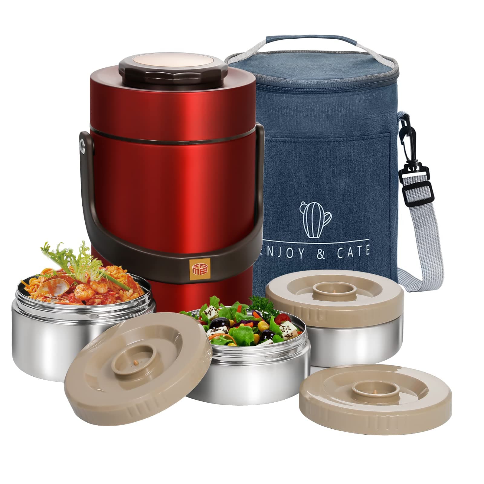 Pawovdeq 67oz Thermo for Hot Food,3-Layer Sealed Stackable Food Thermo,with Lunch Bag Soup Thermo,It Is Suitable for Daily Office Meals and Outdoor Meals (67 oz Red)
