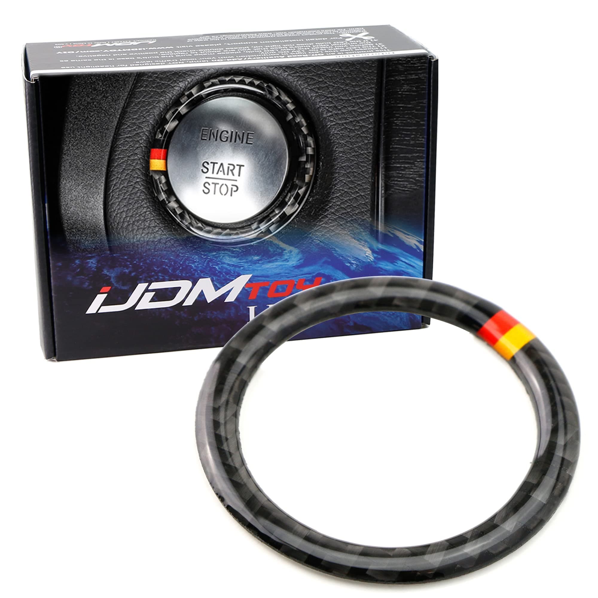 iJDMTOY Black Real Carbon Fiber Engine Push Start Button Surrounding Decoration Ring w/German Flag Color Stripes Compatible with Mercedes C E S R ML GL CLA CLS GLA GLC GLE Class