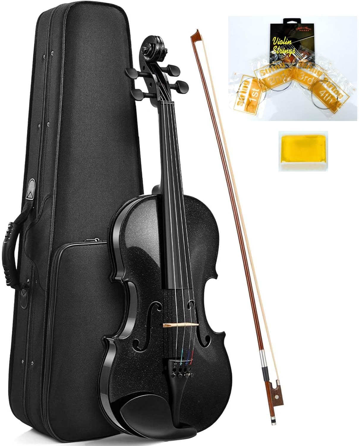 4/4 Black Violin Set Full Size for Beginner Student Fiddle Starter Kit for Kids Adults with Brazilwood Bow, Violin String Set, Bridge, Rosin and Lightweight Case