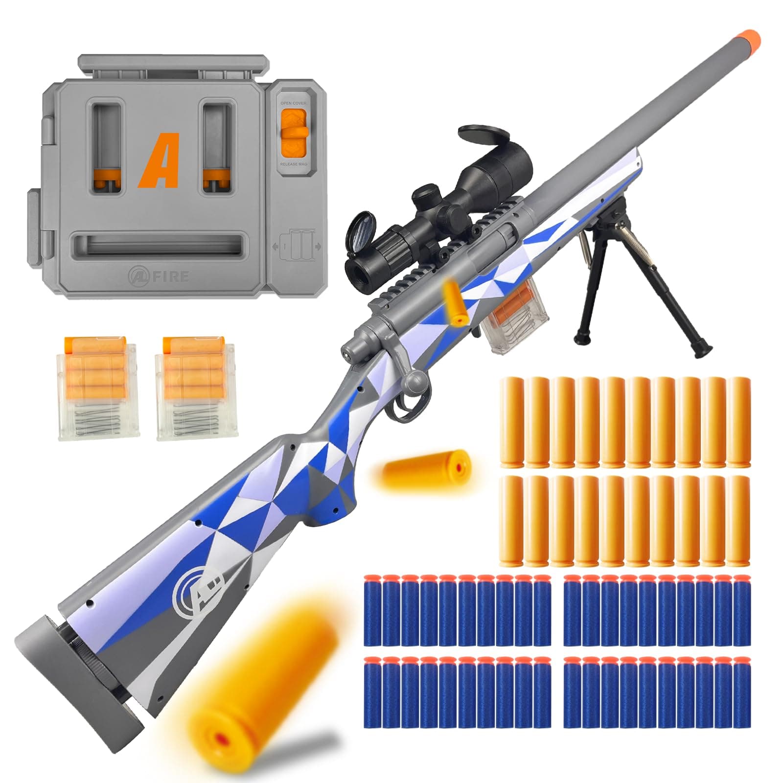 AGM MASTECH M24 Foam Blaster, Shell Ejecting, Safety Switch, Adjustable Stock 41.8 Inch, Fast Dart Loader, Scope, 40 Darts, 20 Casings, 2 Mags, Tactical Gear for Teens 14+ Adults(Blue)